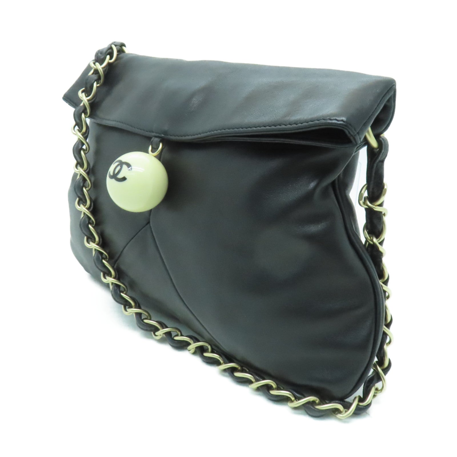CHANEL 羊皮皮革Chain Shoulder金扣鏈帶肩背袋黑色