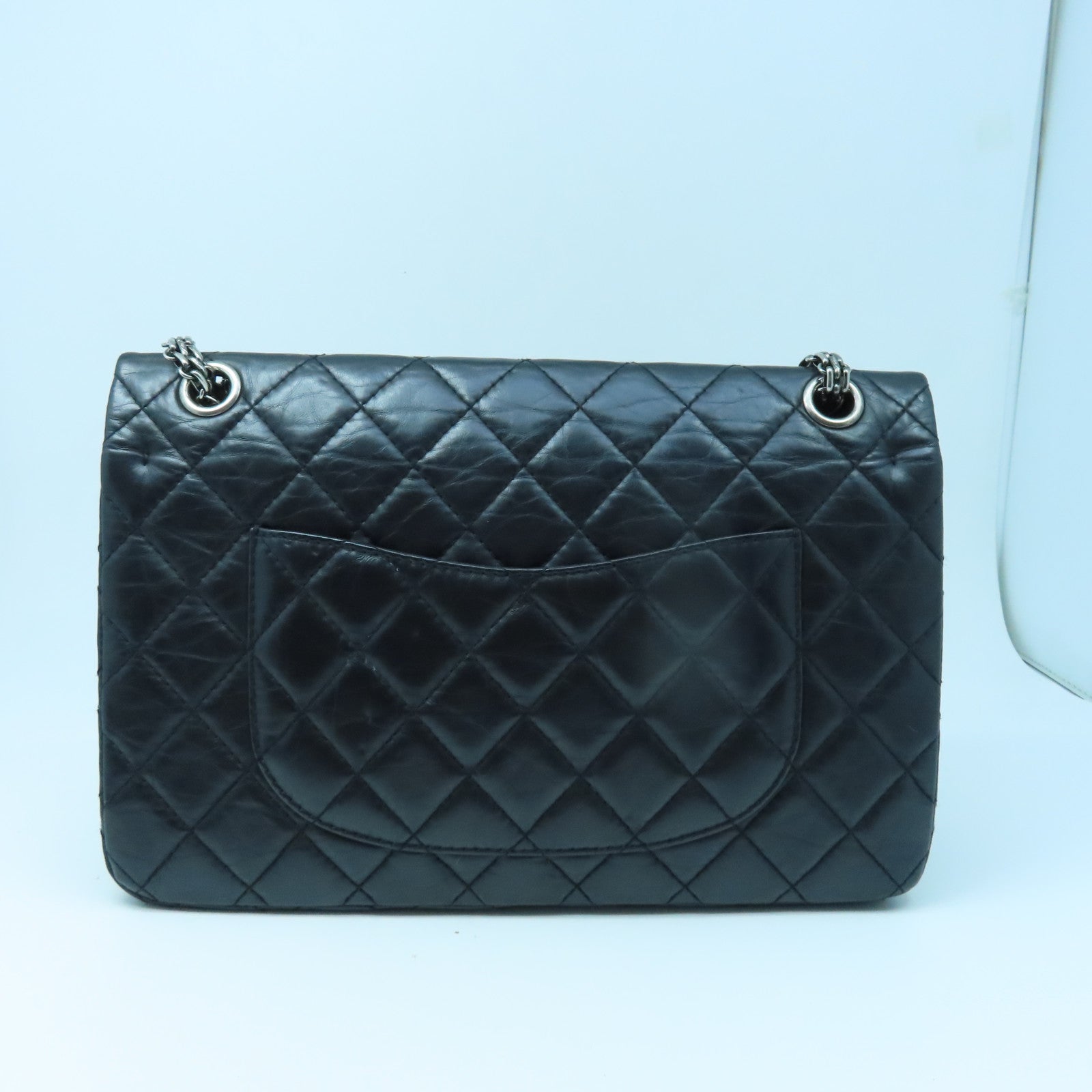 CHANEL 菱格牛皮皮革2.55 Chain Shoulder銀扣鏈帶肩背袋黑色