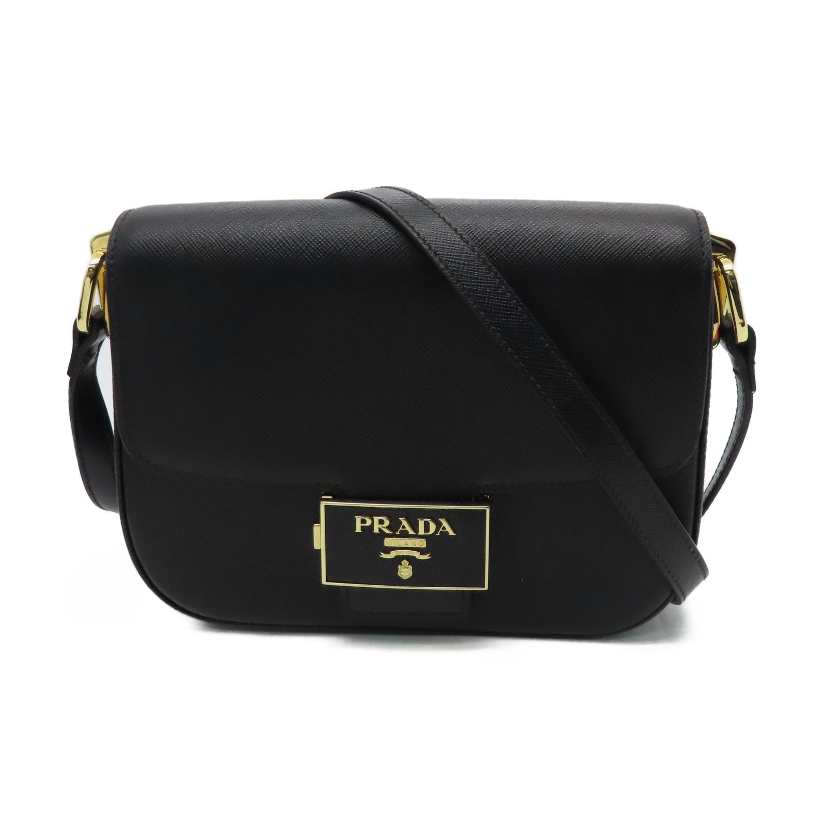 PRADA cowhide leather Shoulder Bag gold buckle shoulder bag black