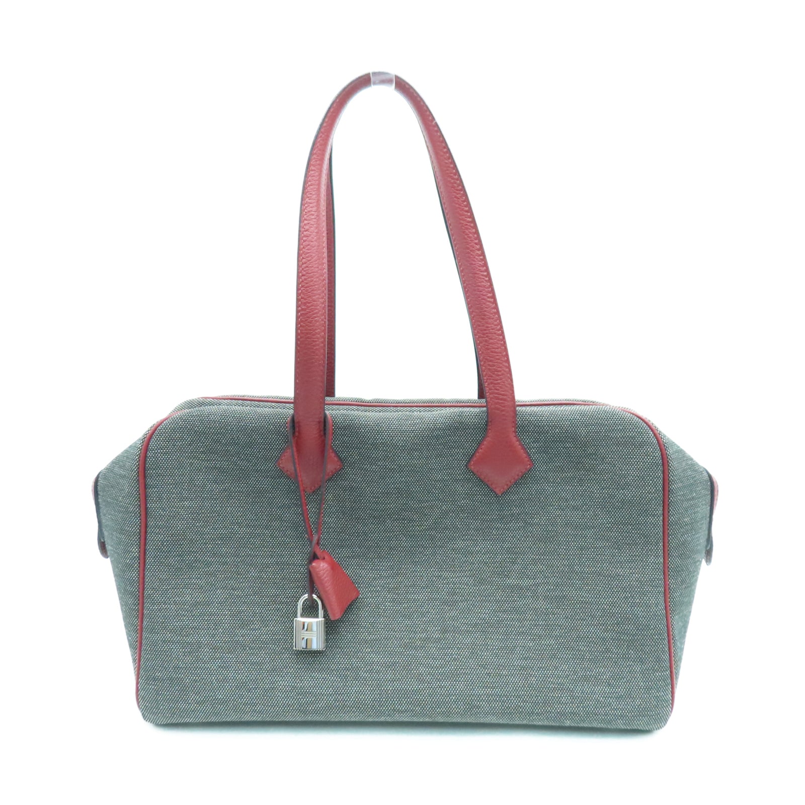 HERMES 帆布Victoria银扣手挽袋灰色/红色
