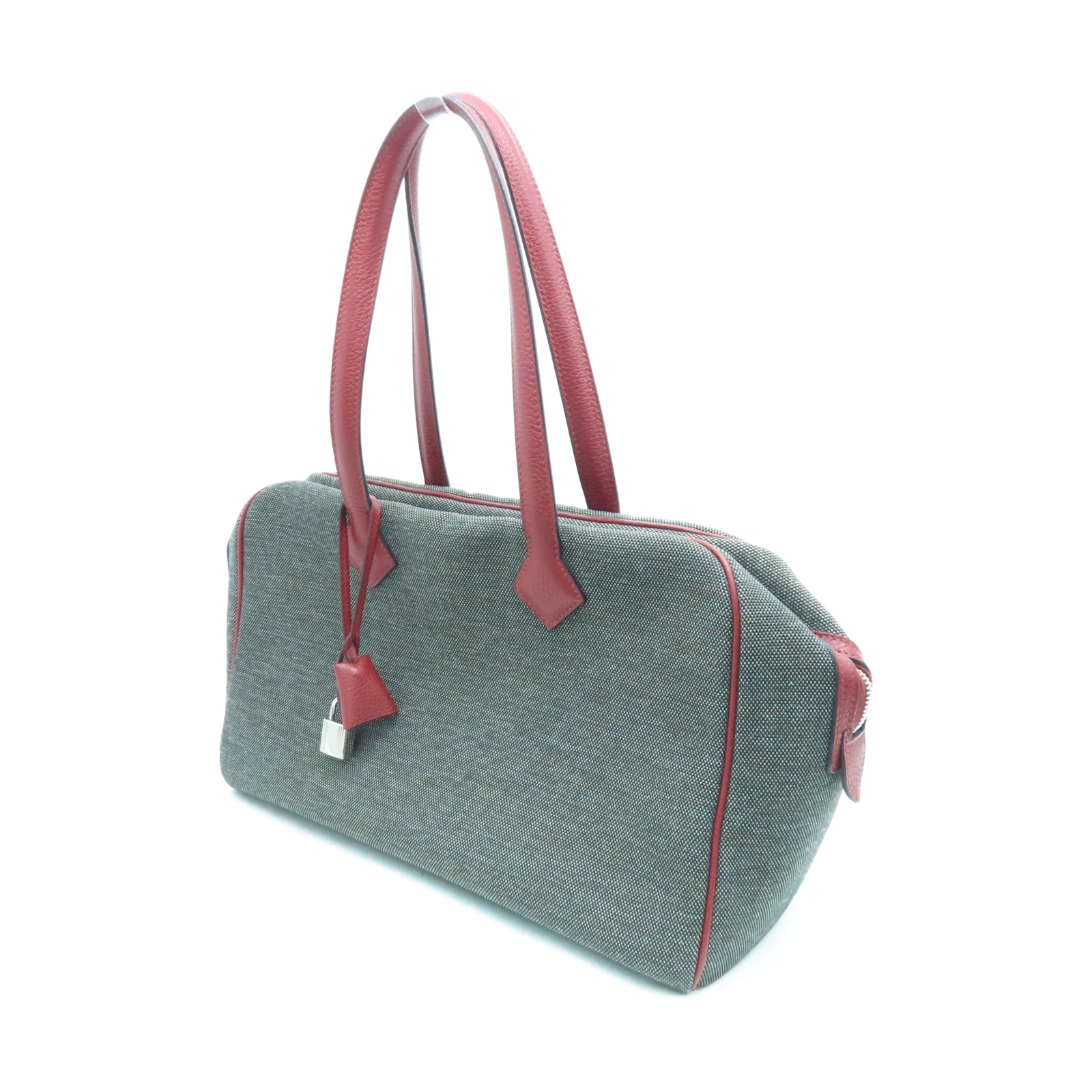 HERMES 帆布Victoria银扣手挽袋灰色/红色