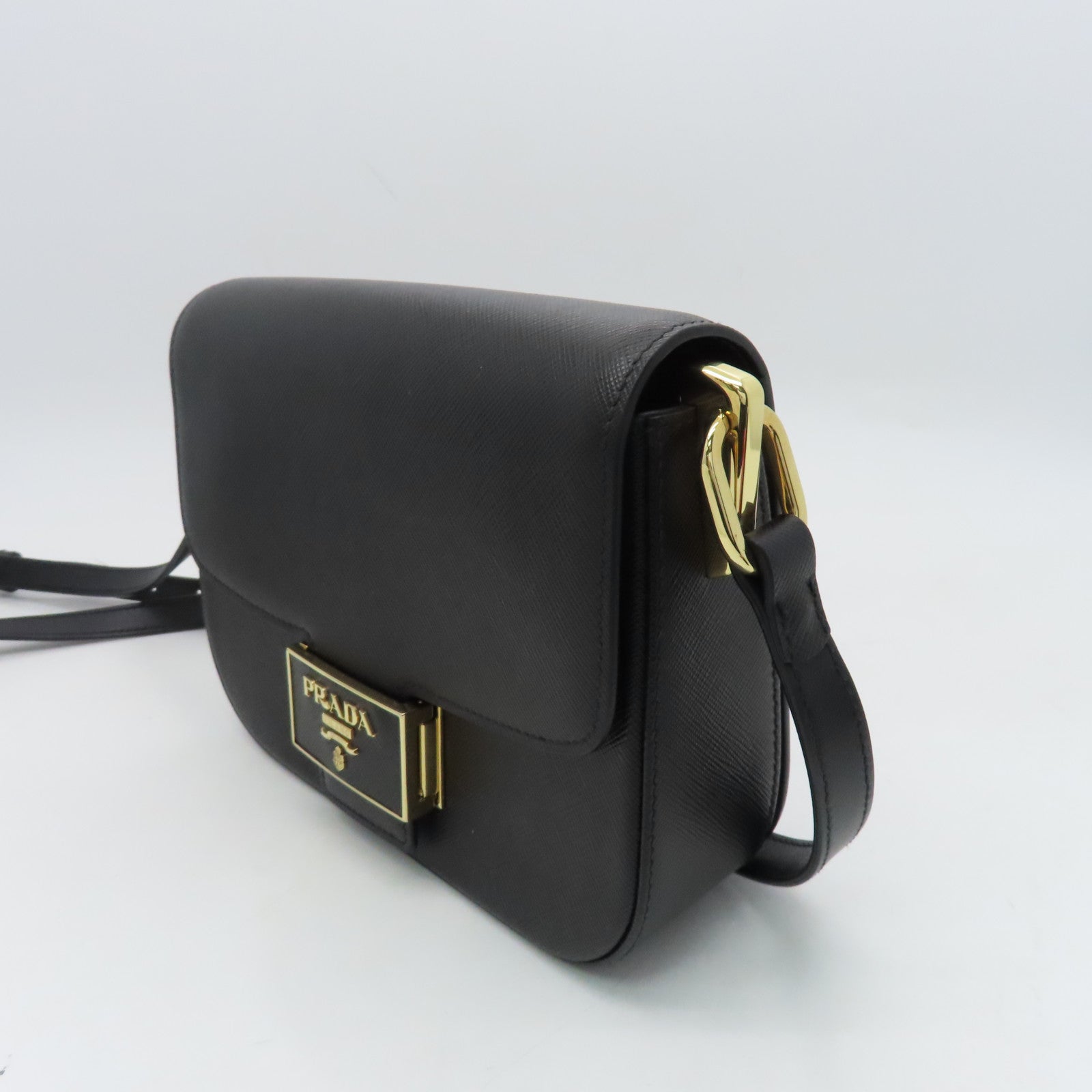 PRADA cowhide leather Shoulder Bag gold buckle shoulder bag black