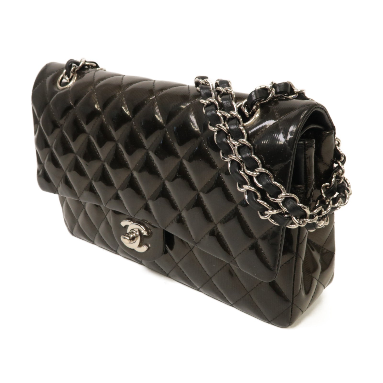 CHANEL 菱格漆皮皮革Chain Shoulder銀扣鏈帶肩背袋深綠色