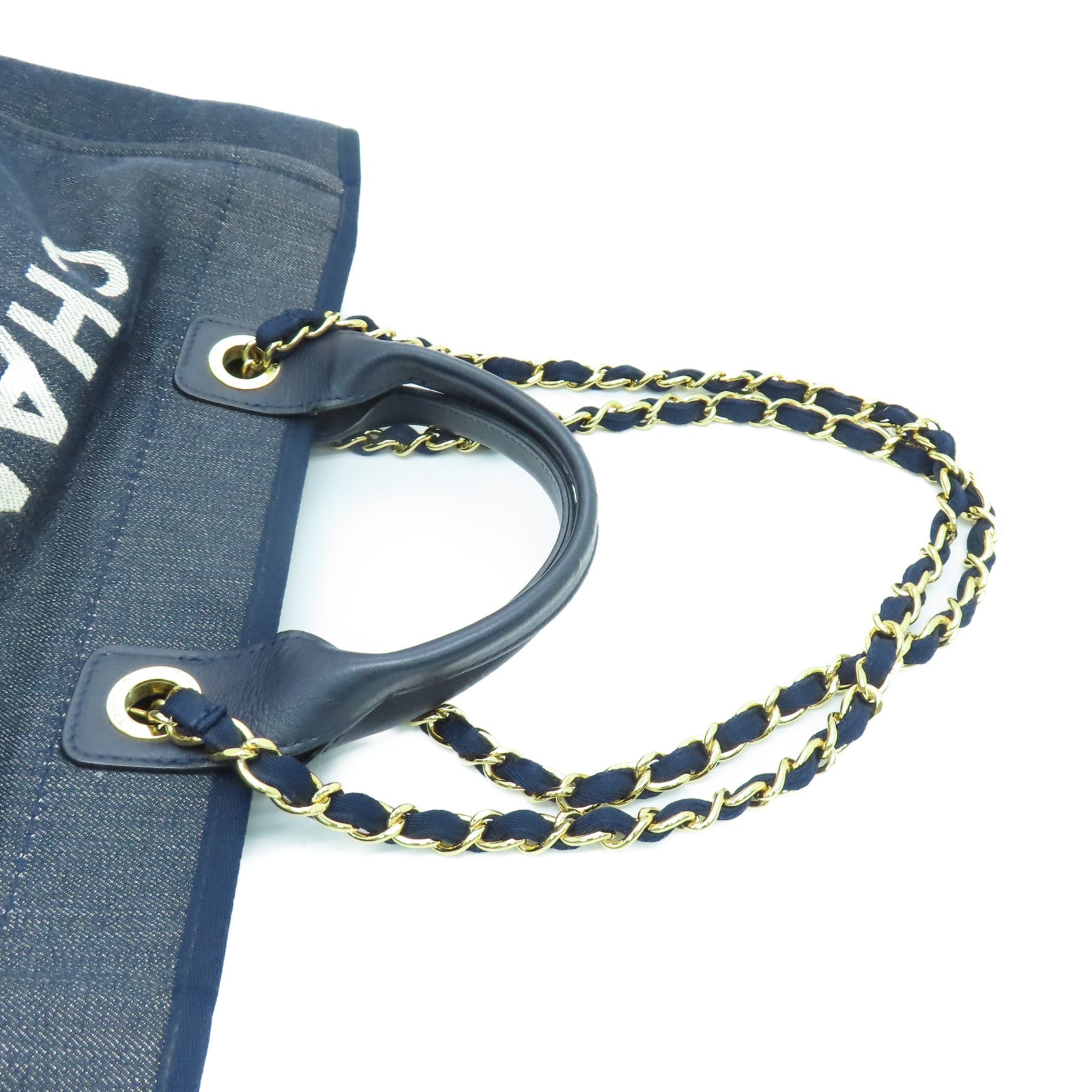 CHANEL 帆布Deauville Tote金扣手挽肩背兩用袋藍色
