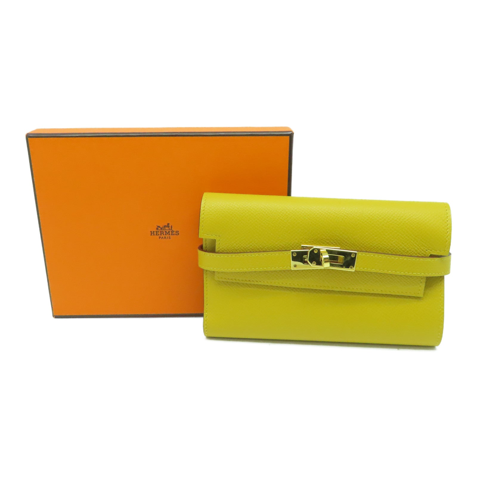 HERMES Epsom皮革Kelly Depliant金扣錢包Jaune Ambre/黃色