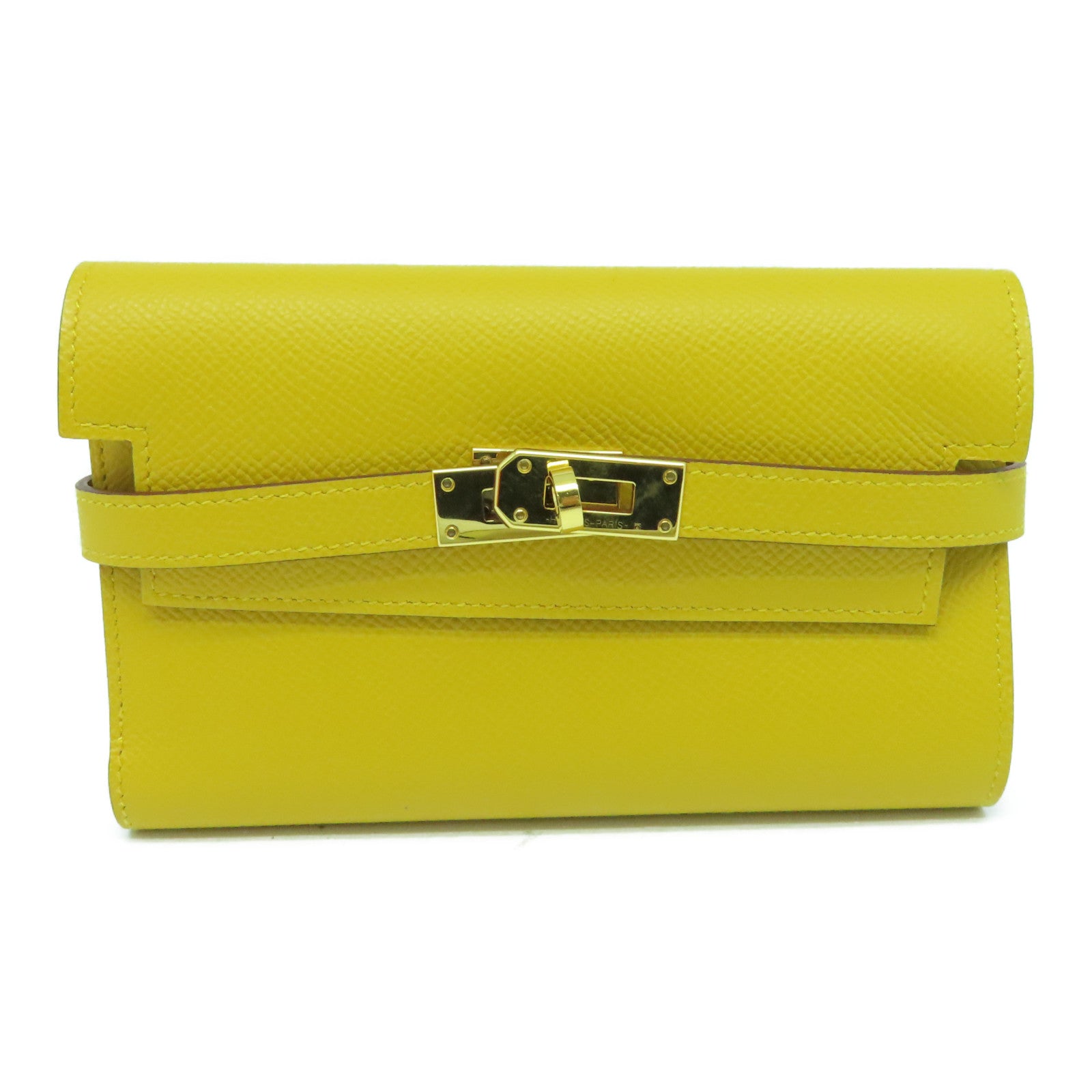 HERMES Epsom皮革Kelly Depliant金扣錢包Jaune Ambre/黃色