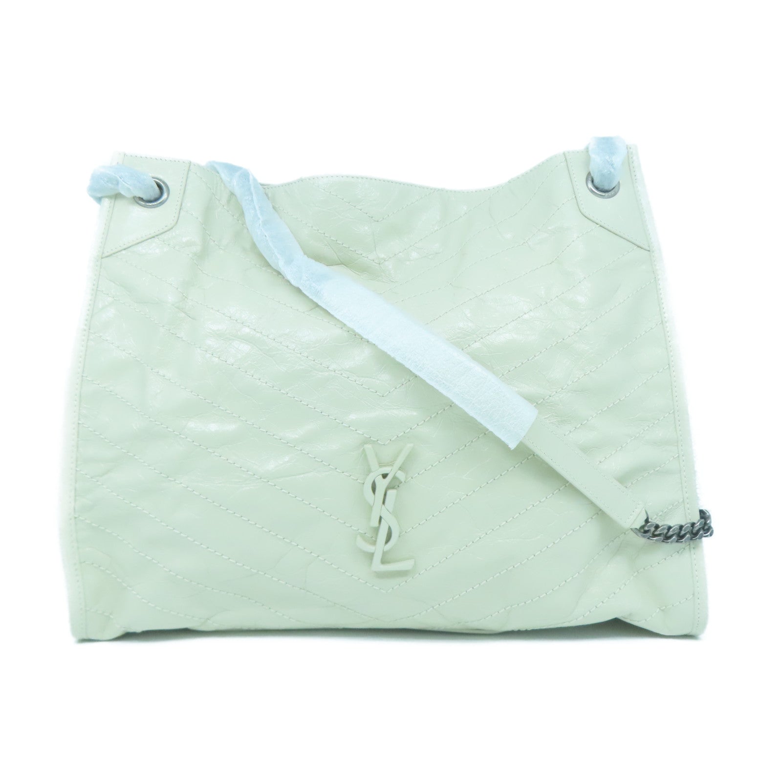 SAINT LAURENT 牛皮皮革Tote Bag銀扣鏈帶肩背袋米色