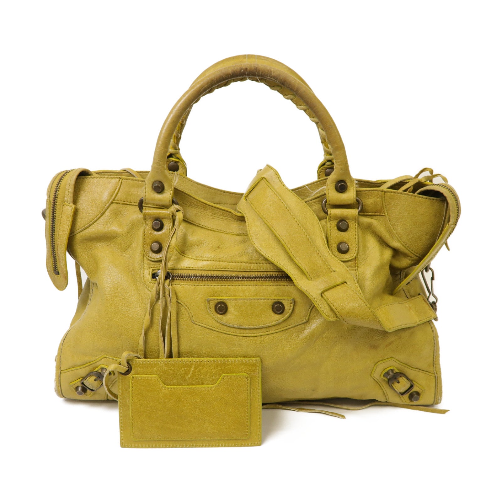 BALENCIAGA 皮革City金扣手挽肩背兩用袋黃色