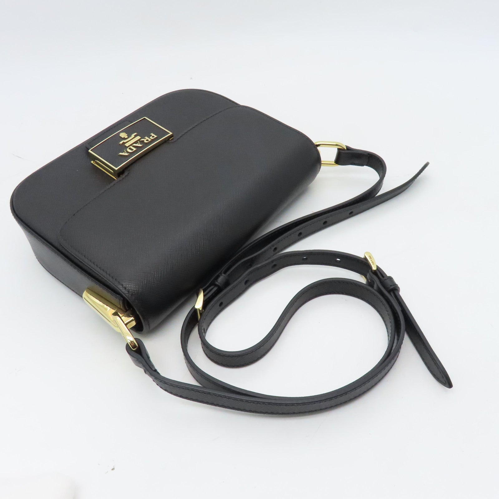 PRADA cowhide leather Shoulder Bag gold buckle shoulder bag black