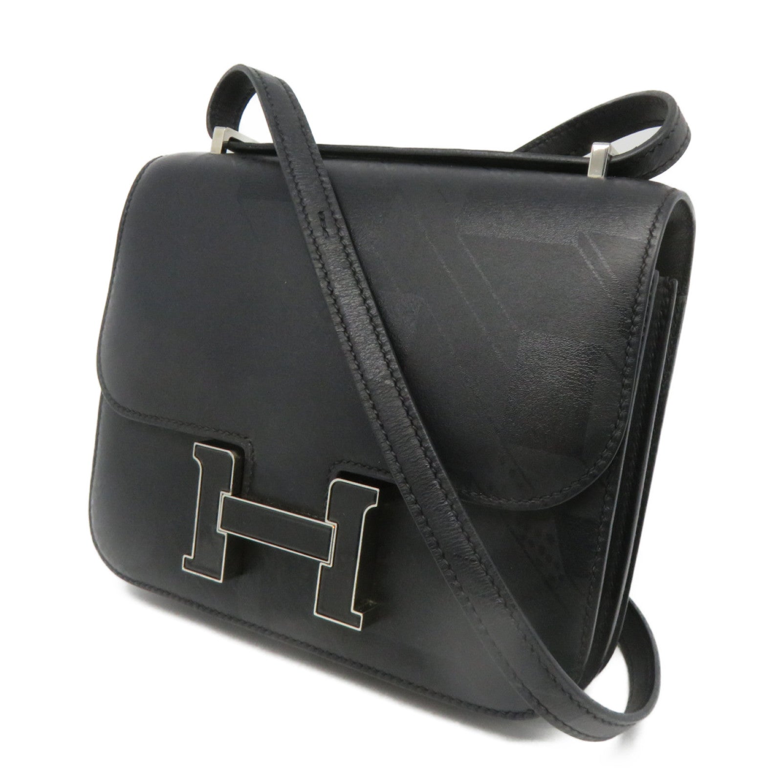 HERMES 牛皮皮革Mini Constance On A Summer Night银扣肩背袋Noir黑色
