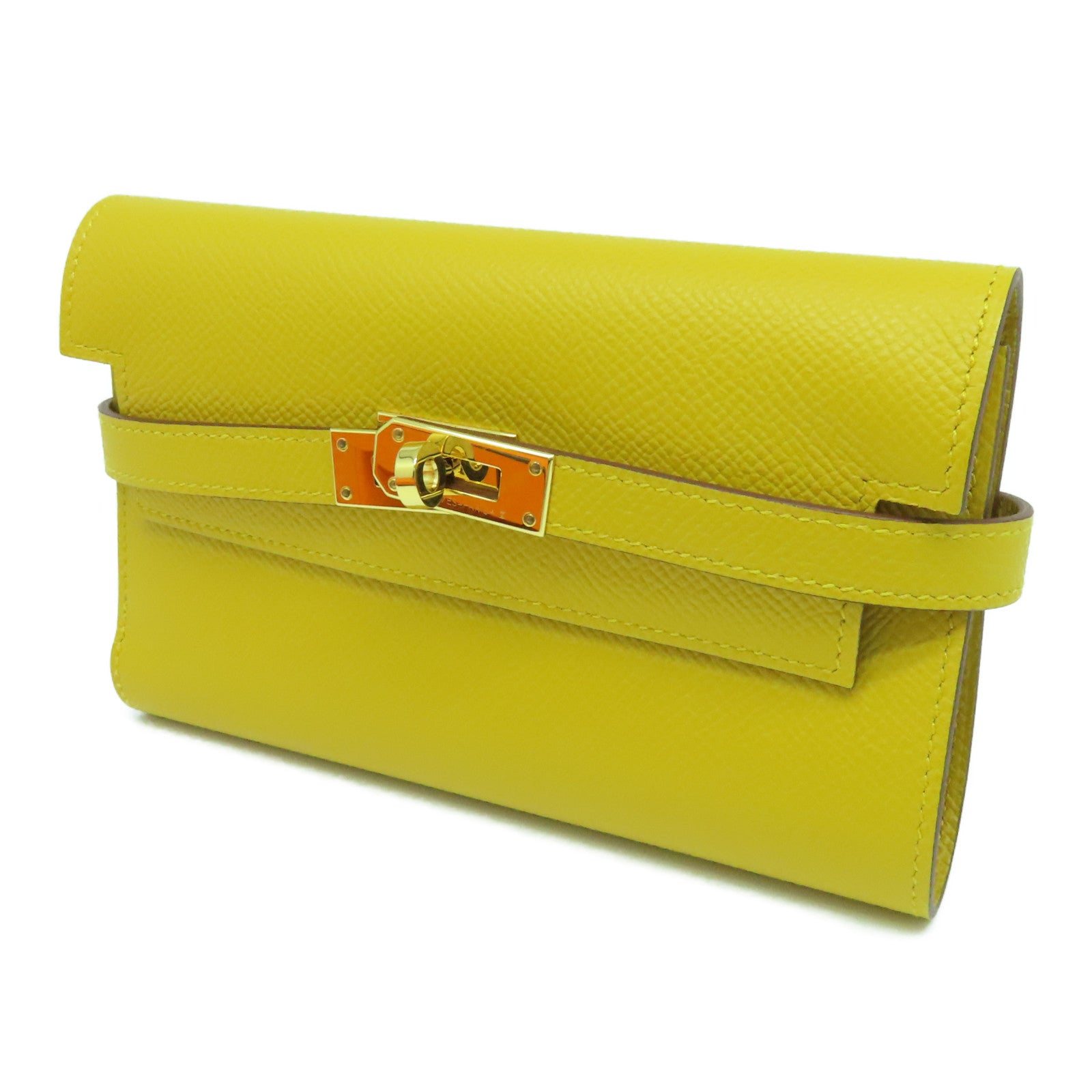 HERMES Epsom皮革Kelly Depliant金扣錢包Jaune Ambre/黃色