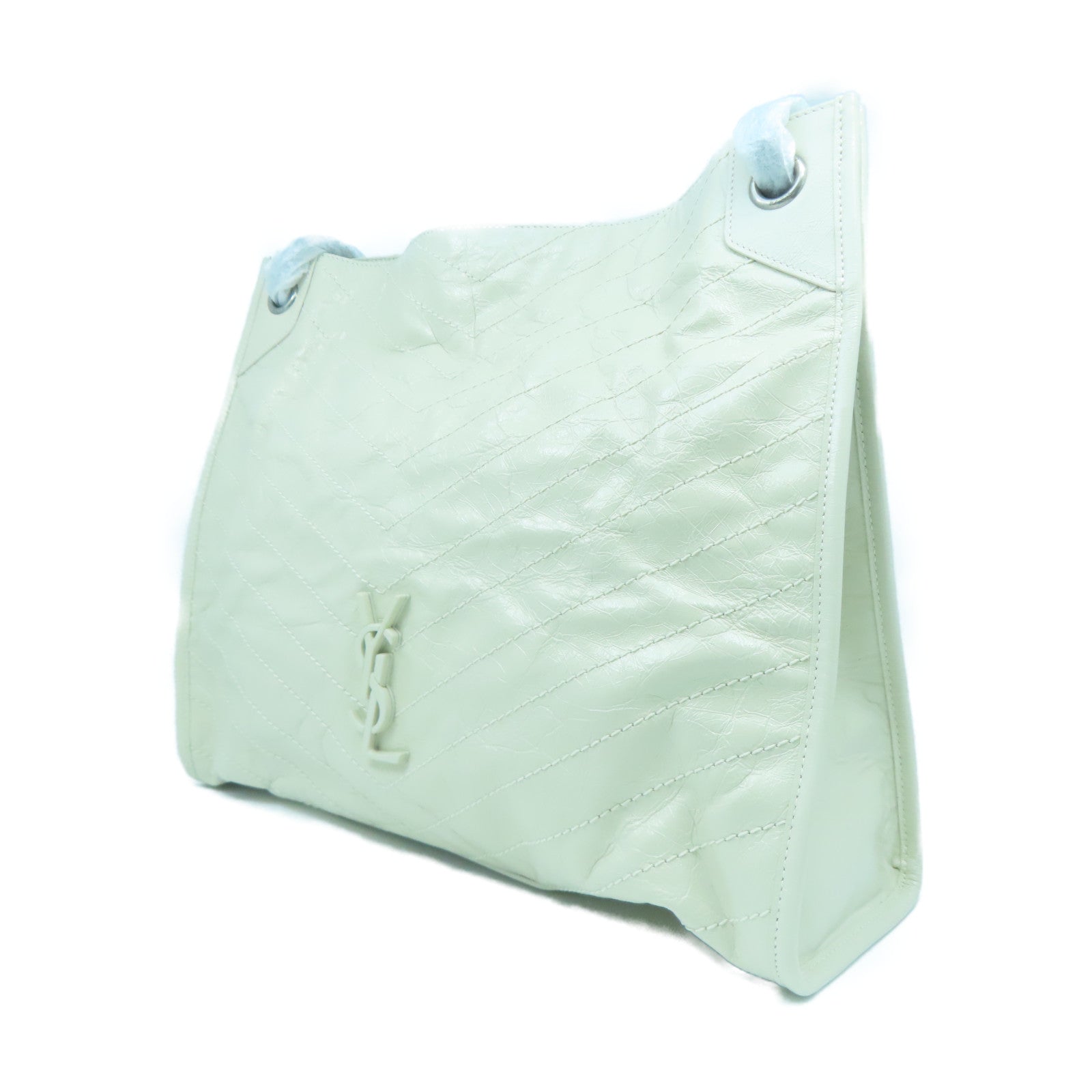 SAINT LAURENT 牛皮皮革Tote Bag銀扣鏈帶肩背袋米色