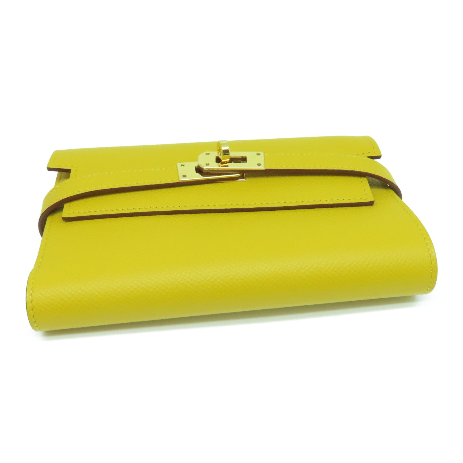 HERMES Epsom皮革Kelly Depliant金扣錢包Jaune Ambre/黃色