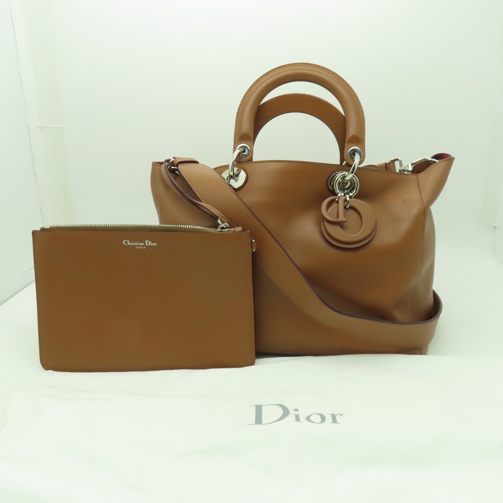 Dior 牛皮皮革2 Way Shoulder銀扣手挽肩背兩用袋啡色