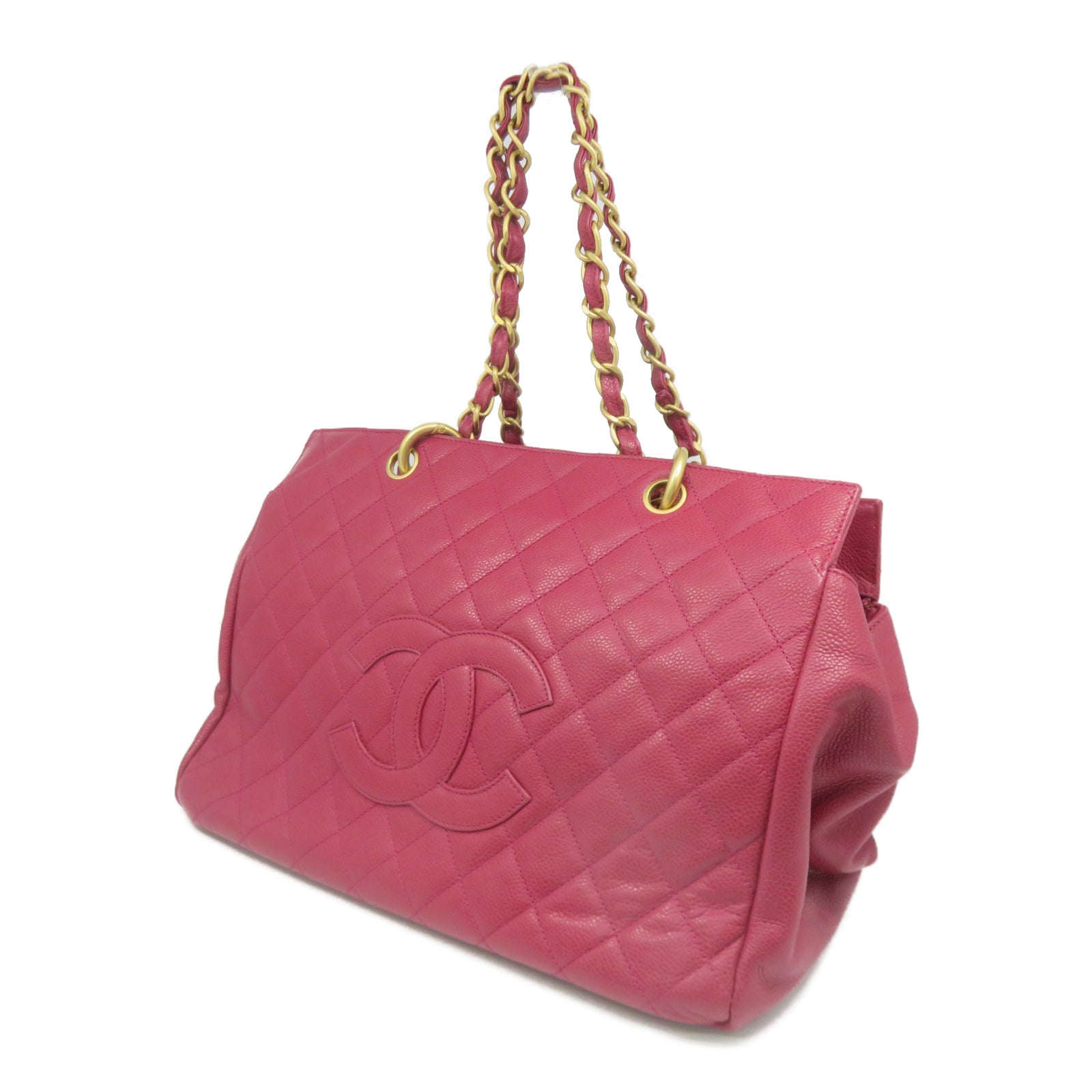 CHANEL 【激減優惠】菱格Caviar皮革Totebag金扣肩背袋紅色