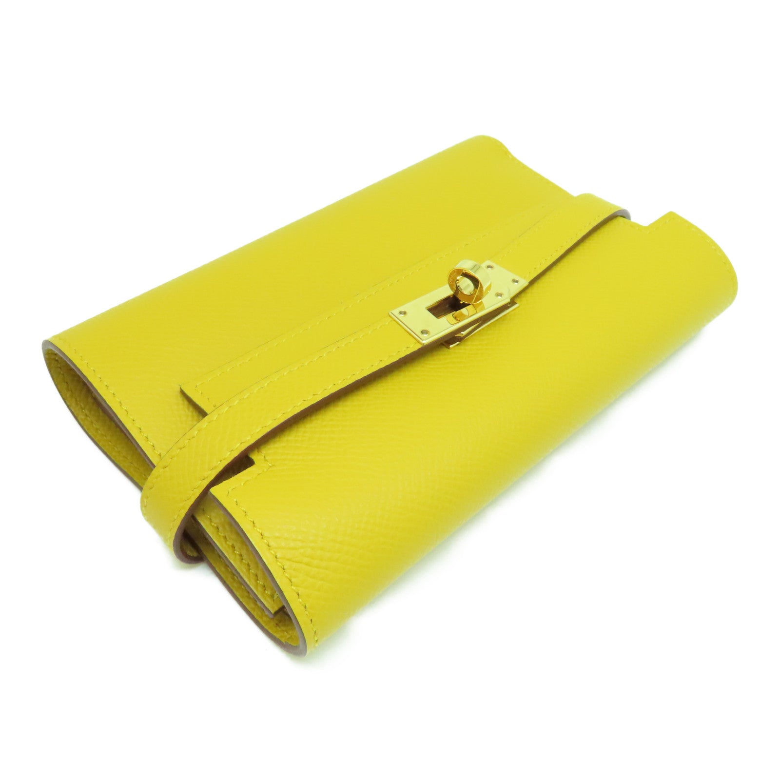 HERMES Epsom皮革Kelly Depliant金扣錢包Jaune Ambre/黃色