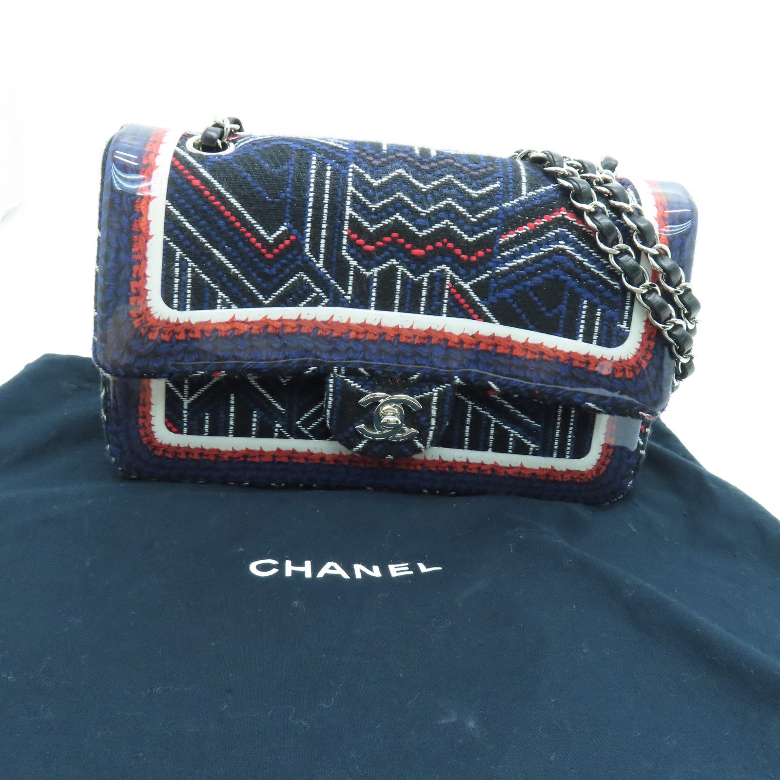 CHANEL 帆布Chain Shoulder銀扣鏈帶肩背袋藍色