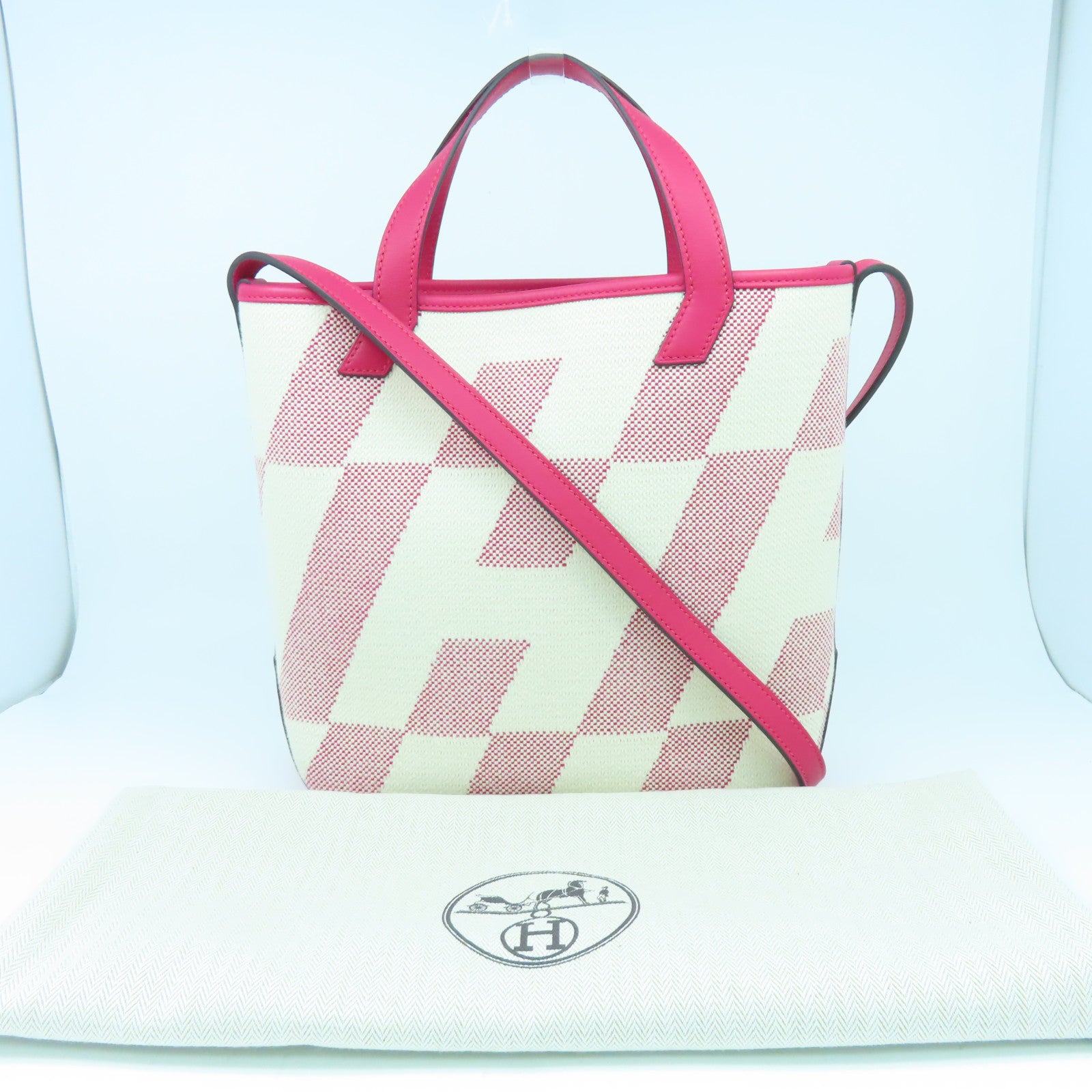 HERMES Toile H帆布/皮革Biais 27手挽肩背兩用袋白色紅色
