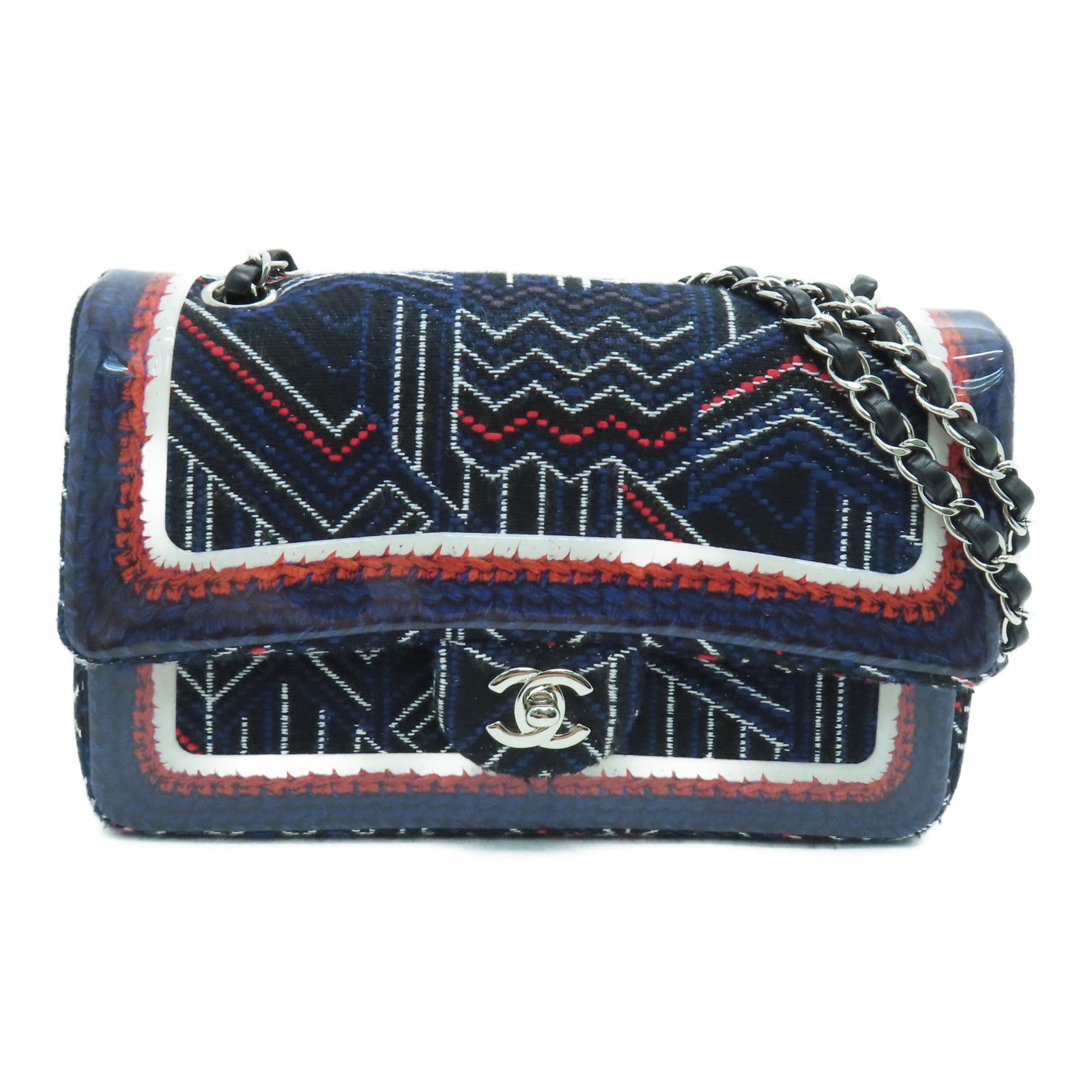 CHANEL 帆布Chain Shoulder銀扣鏈帶肩背袋藍色