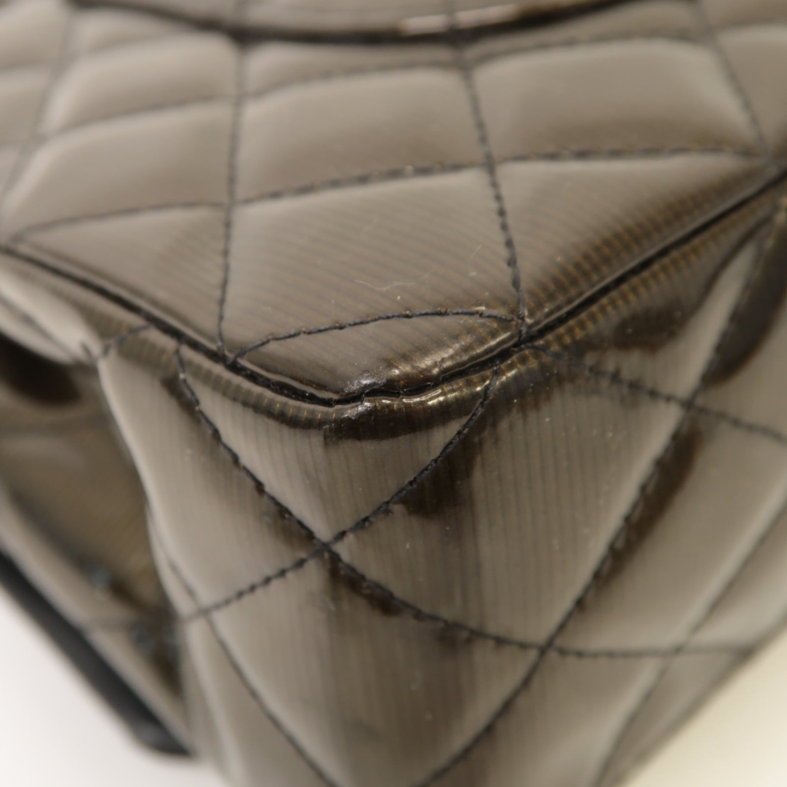CHANEL 菱格漆皮皮革Chain Shoulder銀扣鏈帶肩背袋深綠色