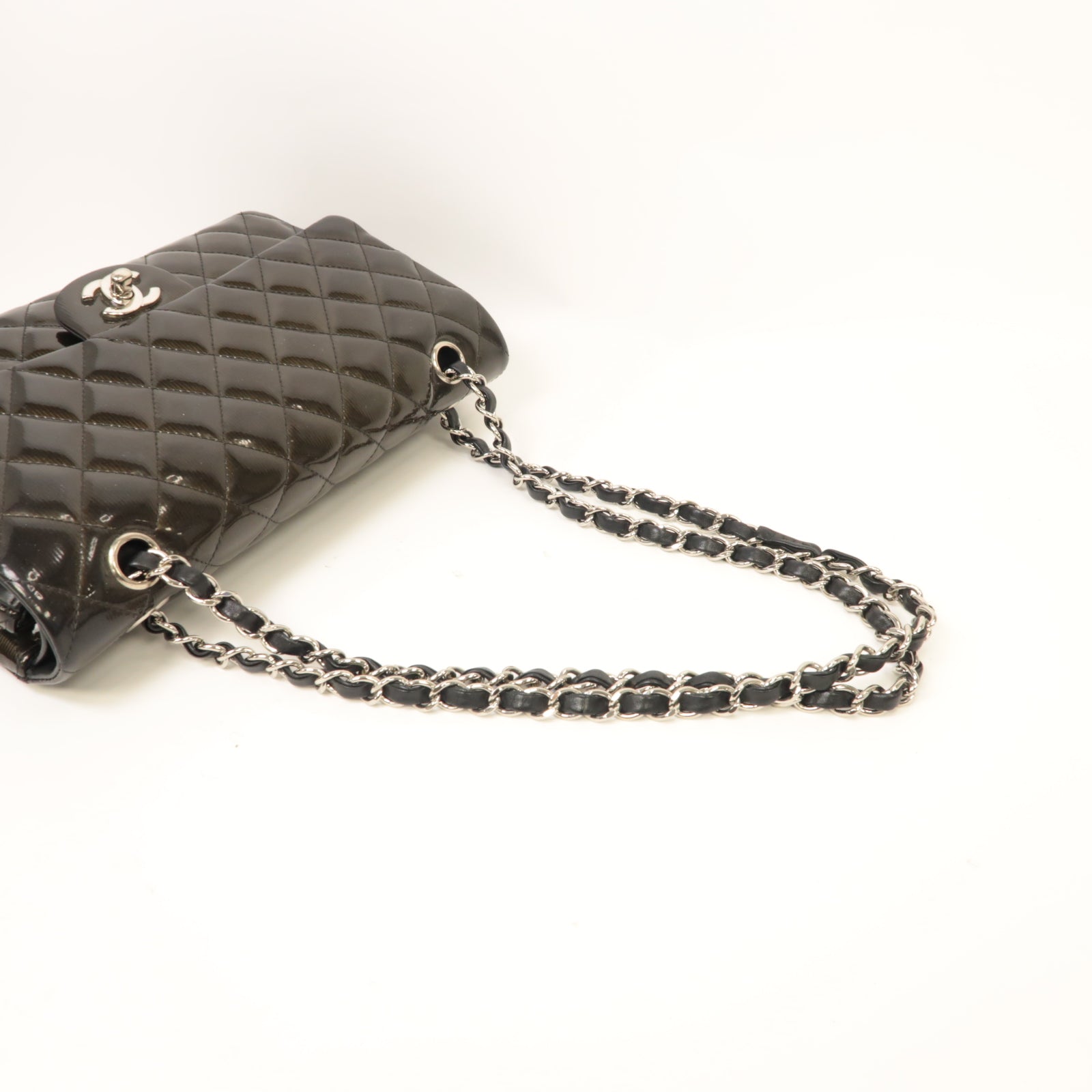 CHANEL 菱格漆皮皮革Chain Shoulder銀扣鏈帶肩背袋深綠色