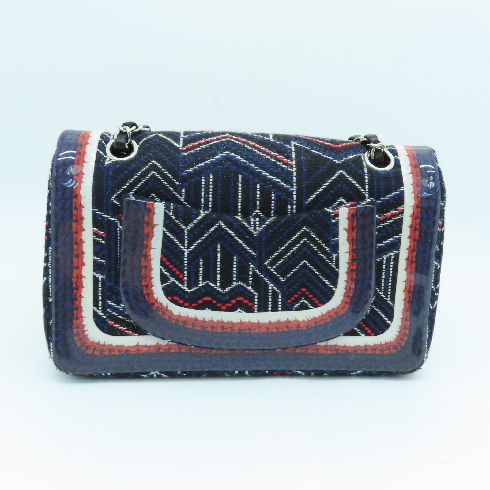 CHANEL 帆布Chain Shoulder銀扣鏈帶肩背袋藍色