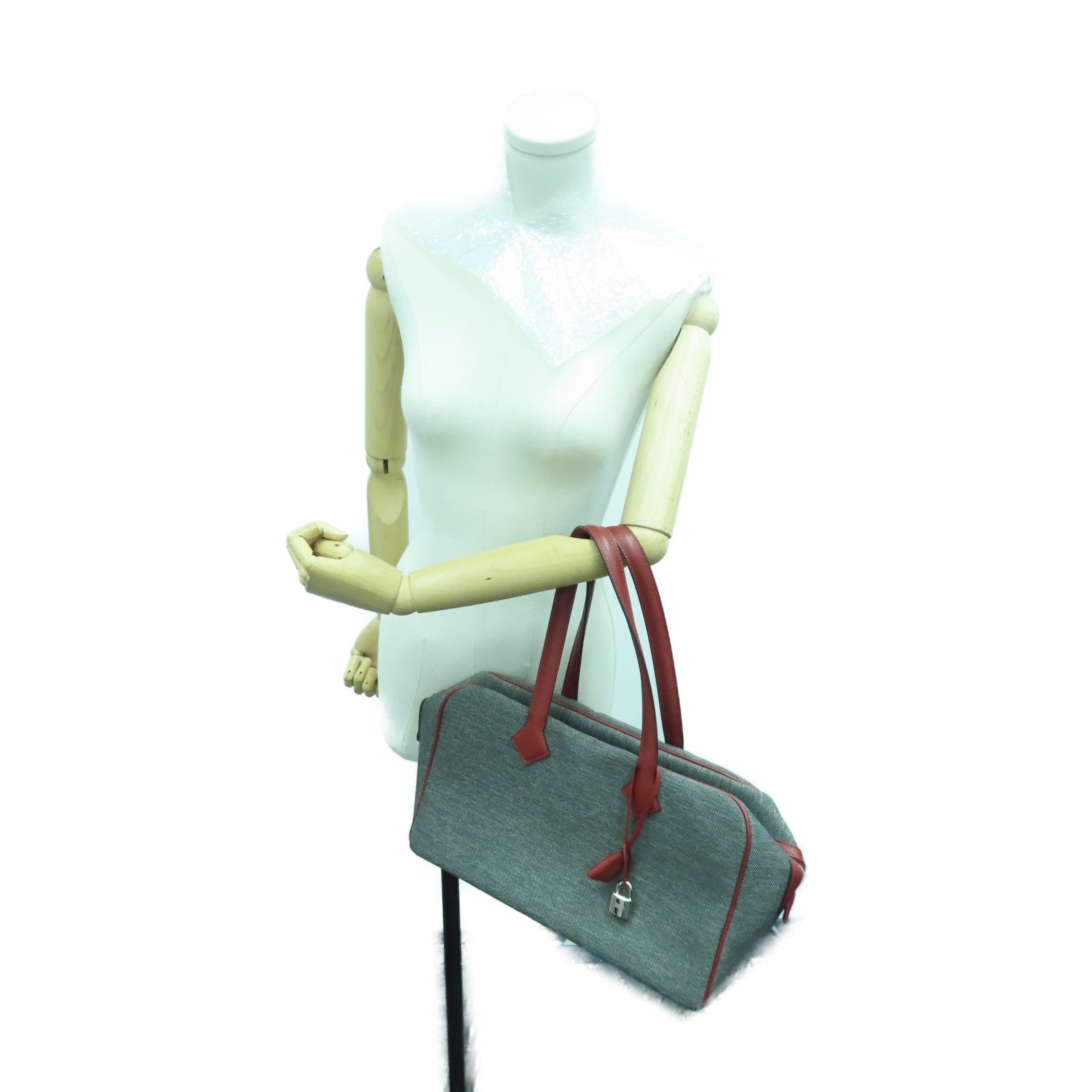 HERMES 帆布Victoria银扣手挽袋灰色/红色