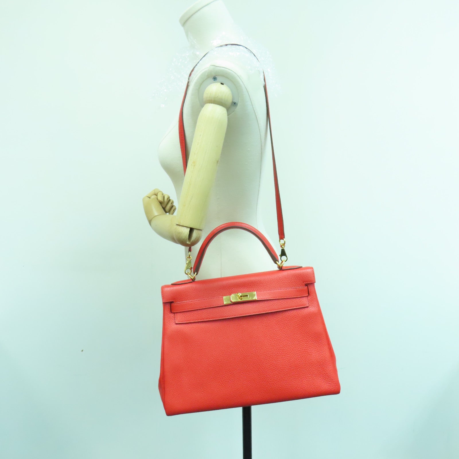 HERMES Clemence皮革Kelly 32金扣手挽肩背两用袋红色Rouge Tomate