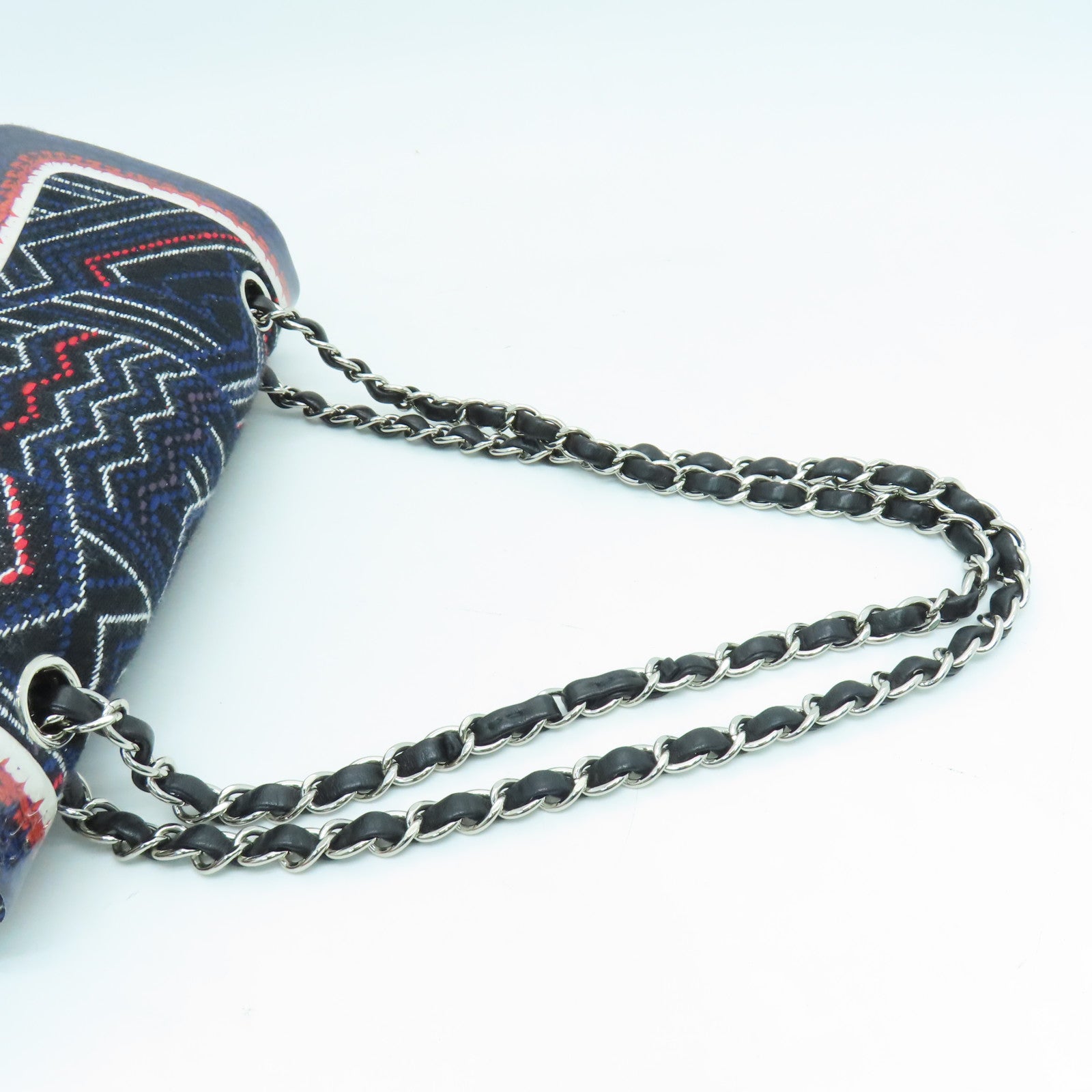 CHANEL 帆布Chain Shoulder銀扣鏈帶肩背袋藍色