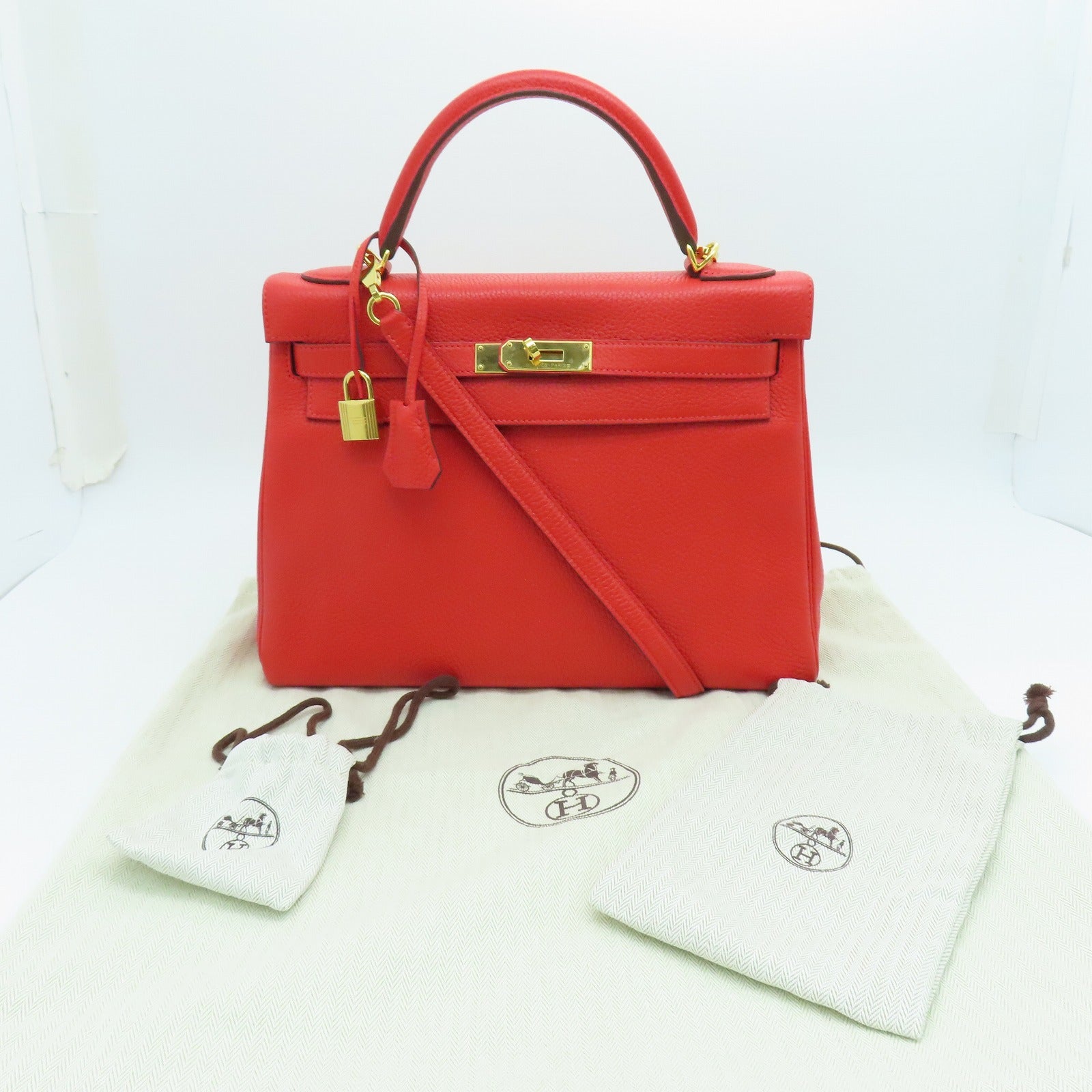 HERMES Clemence皮革Kelly 32金扣手挽肩背两用袋红色Rouge Tomate