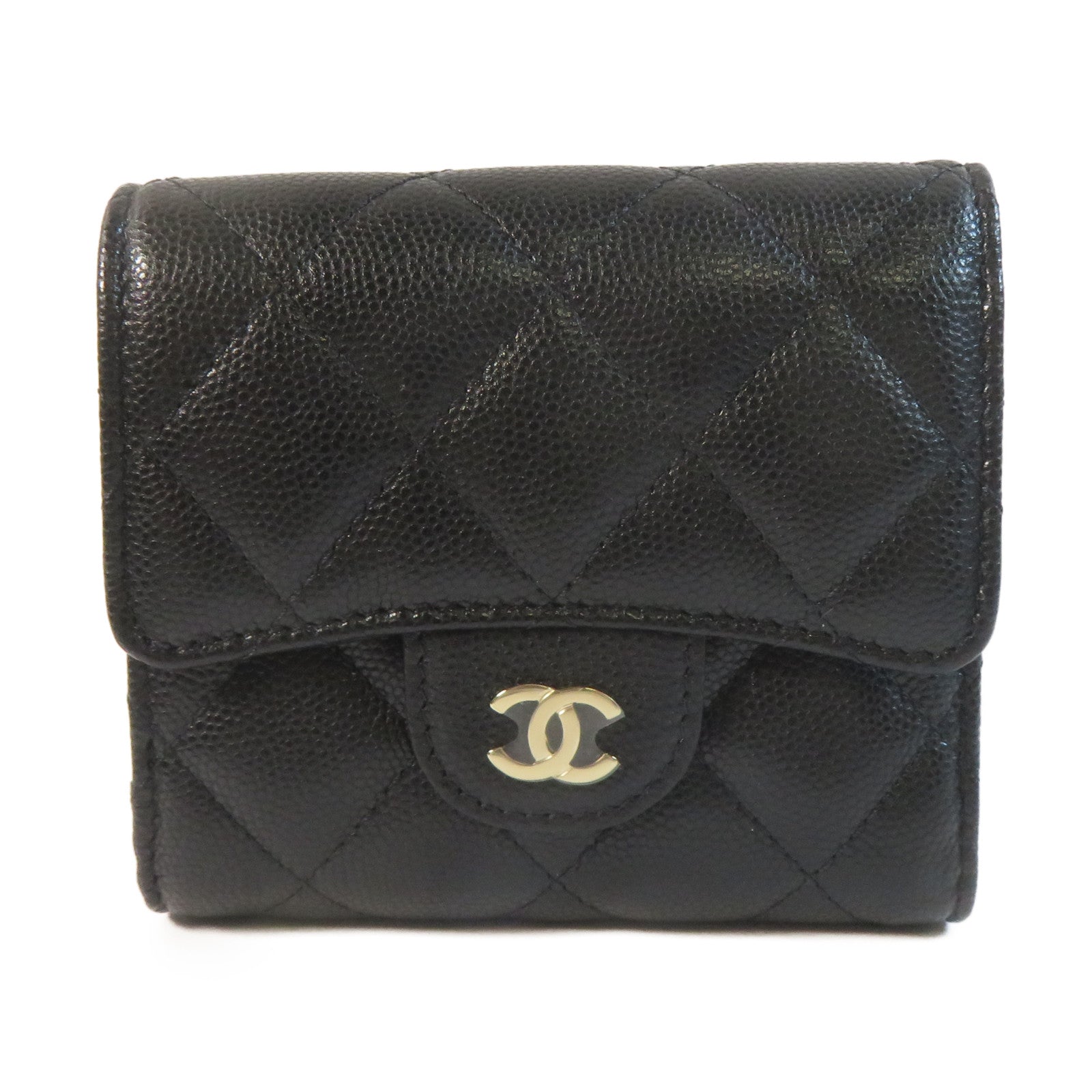 CHANEL 菱格Caviar皮革Wallet金扣錢包黑色
