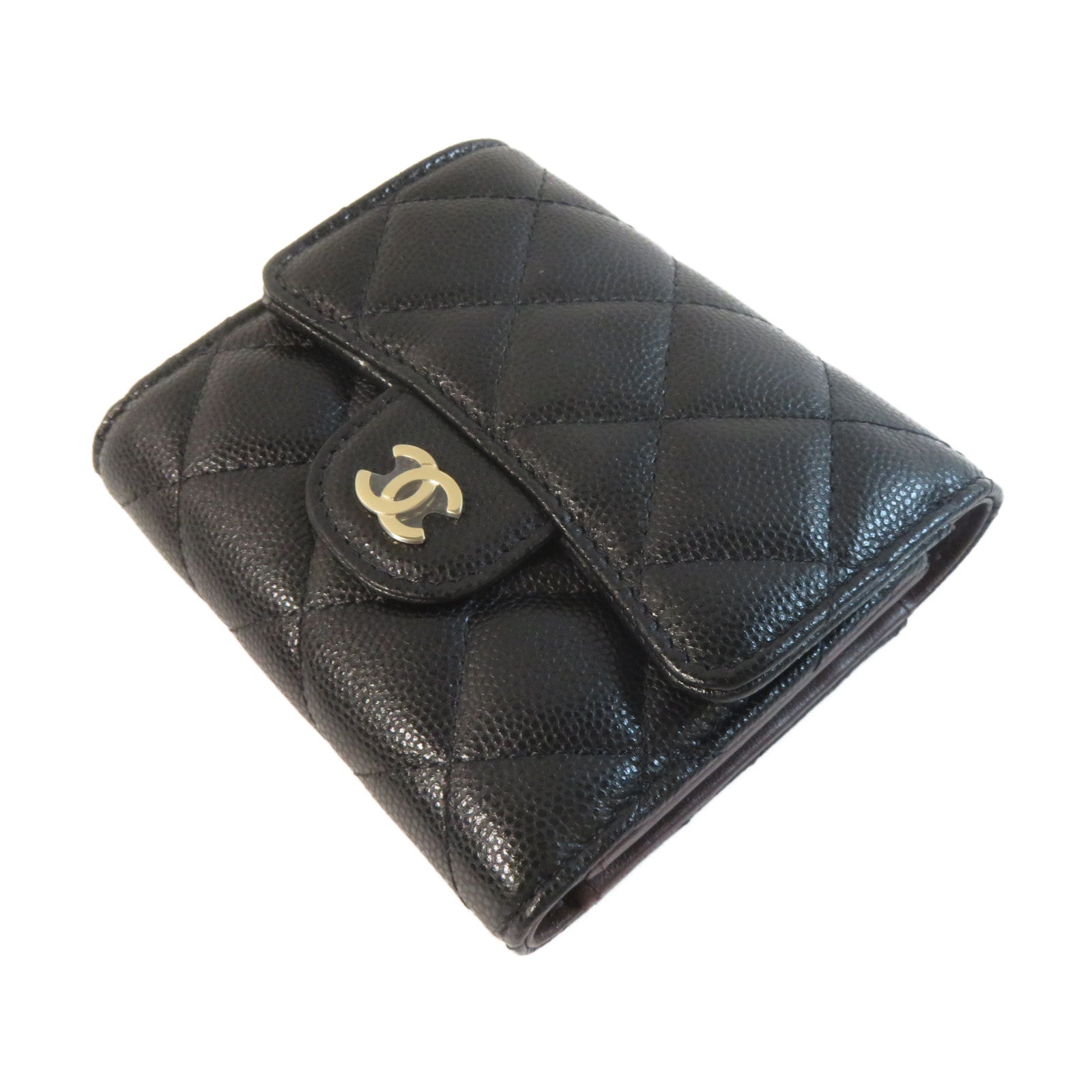 CHANEL 菱格Caviar皮革Wallet金扣錢包黑色