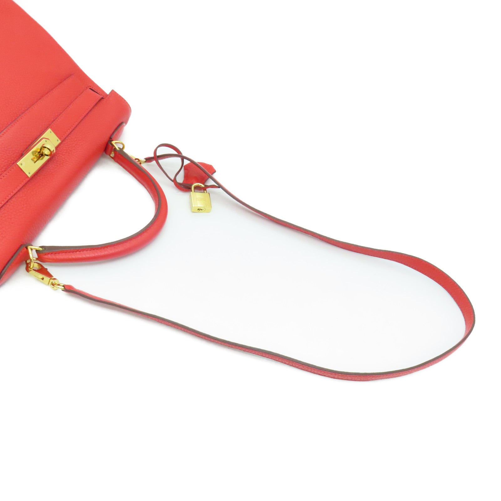 HERMES Clemence皮革Kelly 32金扣手挽肩背两用袋红色Rouge Tomate