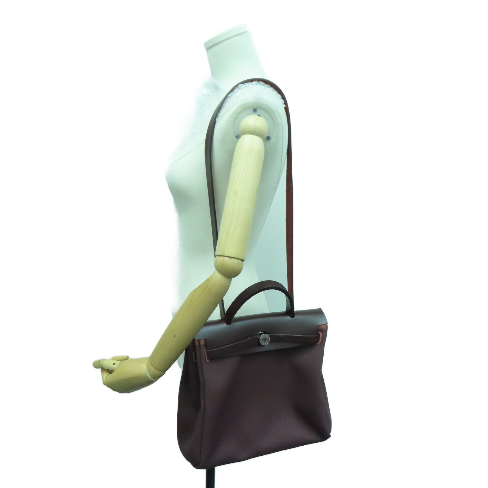 HERMES canvas Herbag 31 silver buckle handle shoulder bag Rouge H/wine red