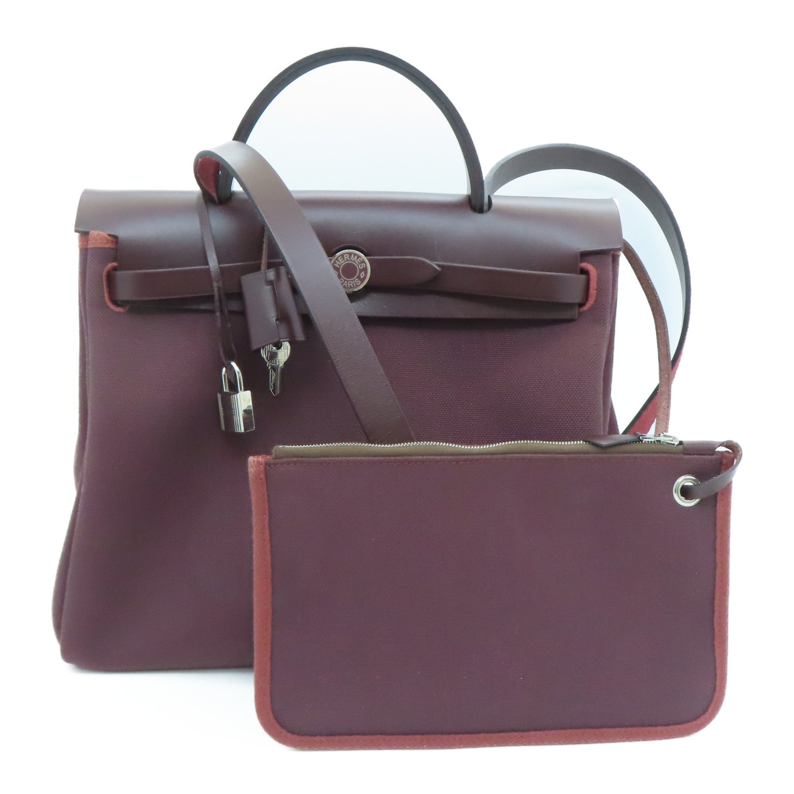 HERMES canvas Herbag 31 silver buckle handle shoulder bag Rouge H/wine red
