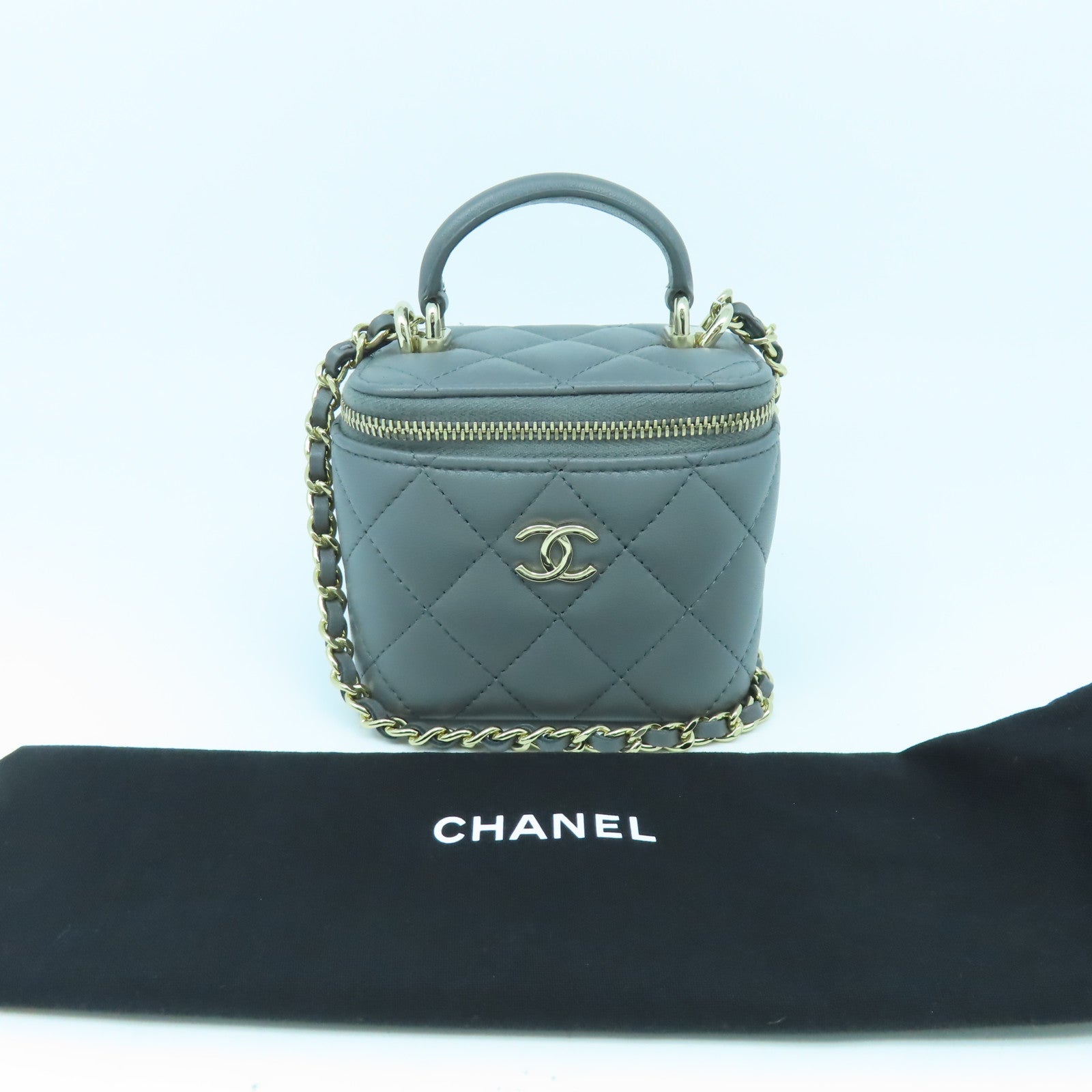 CHANEL 菱格羊皮皮革Vanity With Chain金扣手挽肩背兩用袋灰色