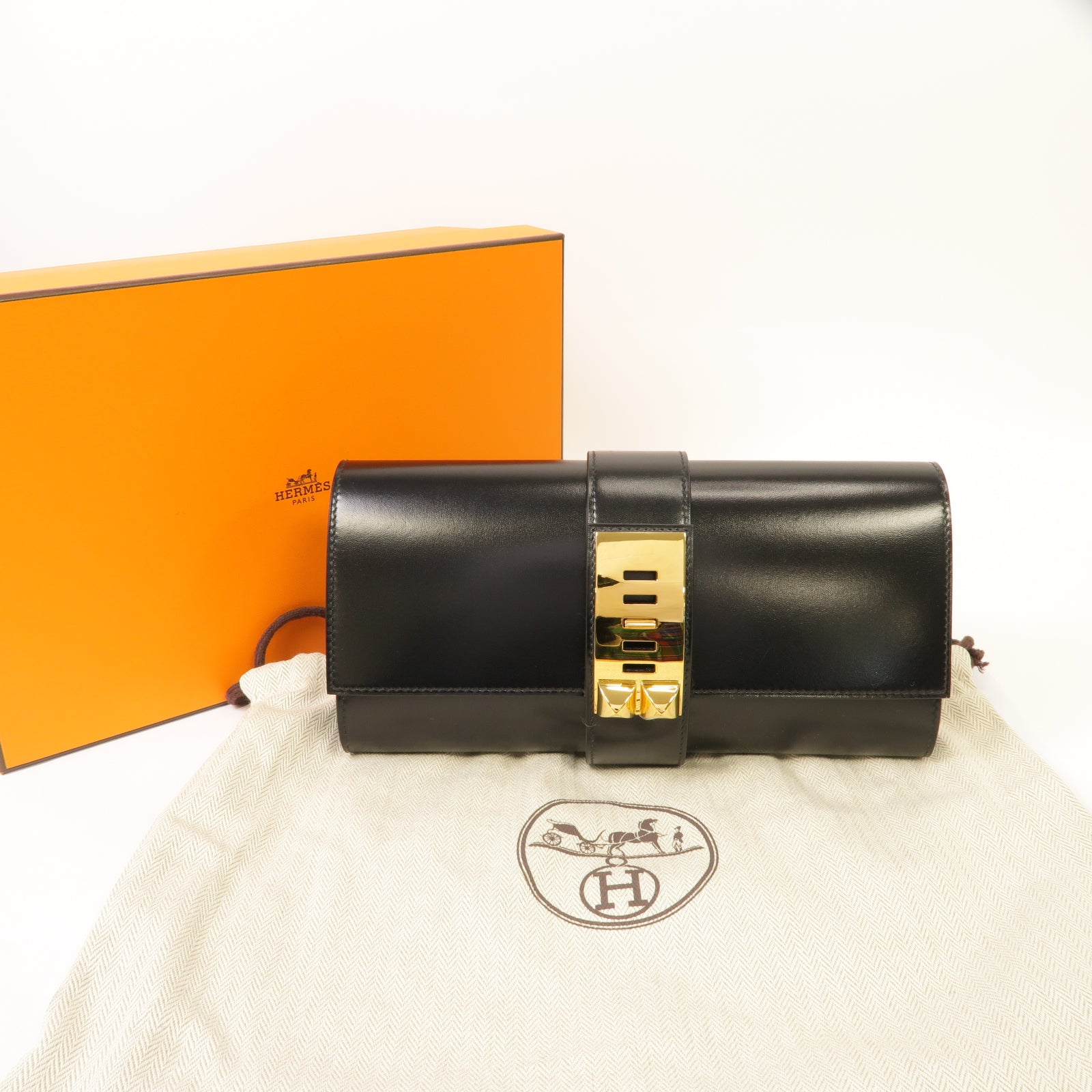 HERMES Box Calf皮革Medor Clutch金扣手拿包黑色