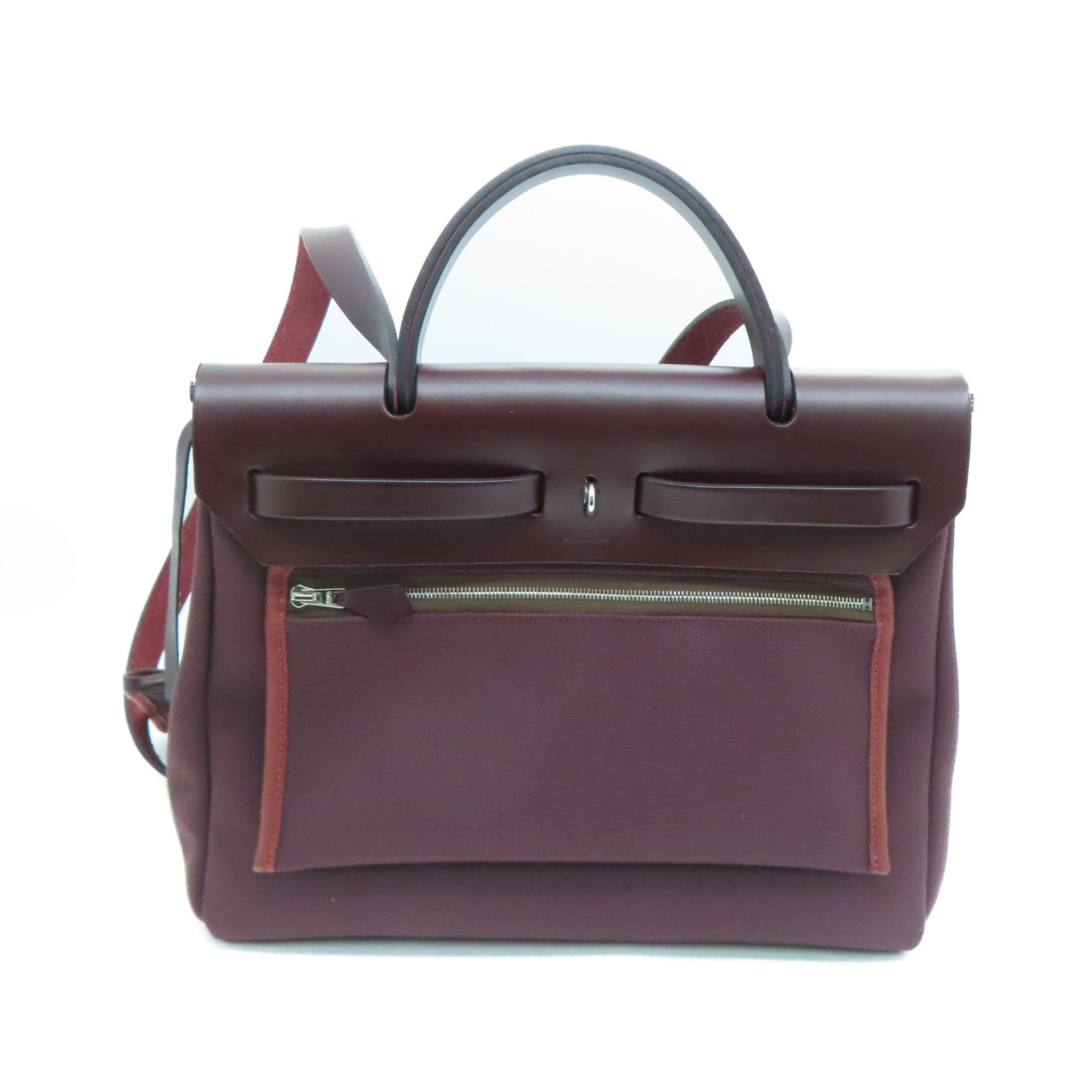 HERMES canvas Herbag 31 silver buckle handle shoulder bag Rouge H/wine red