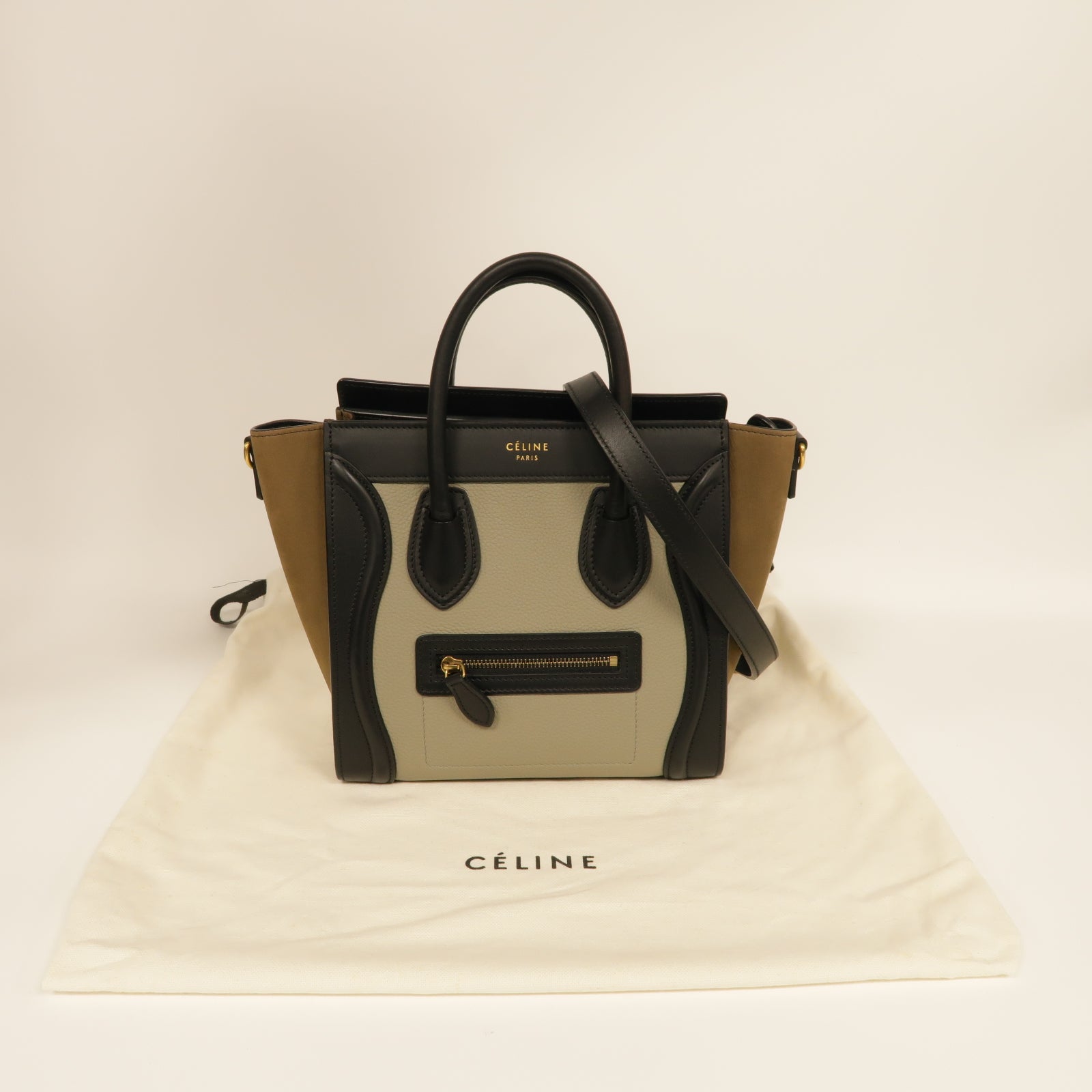 CELINE 牛皮皮革Nano Luggage金扣手挽肩背兩用袋灰色/棕色/黒色