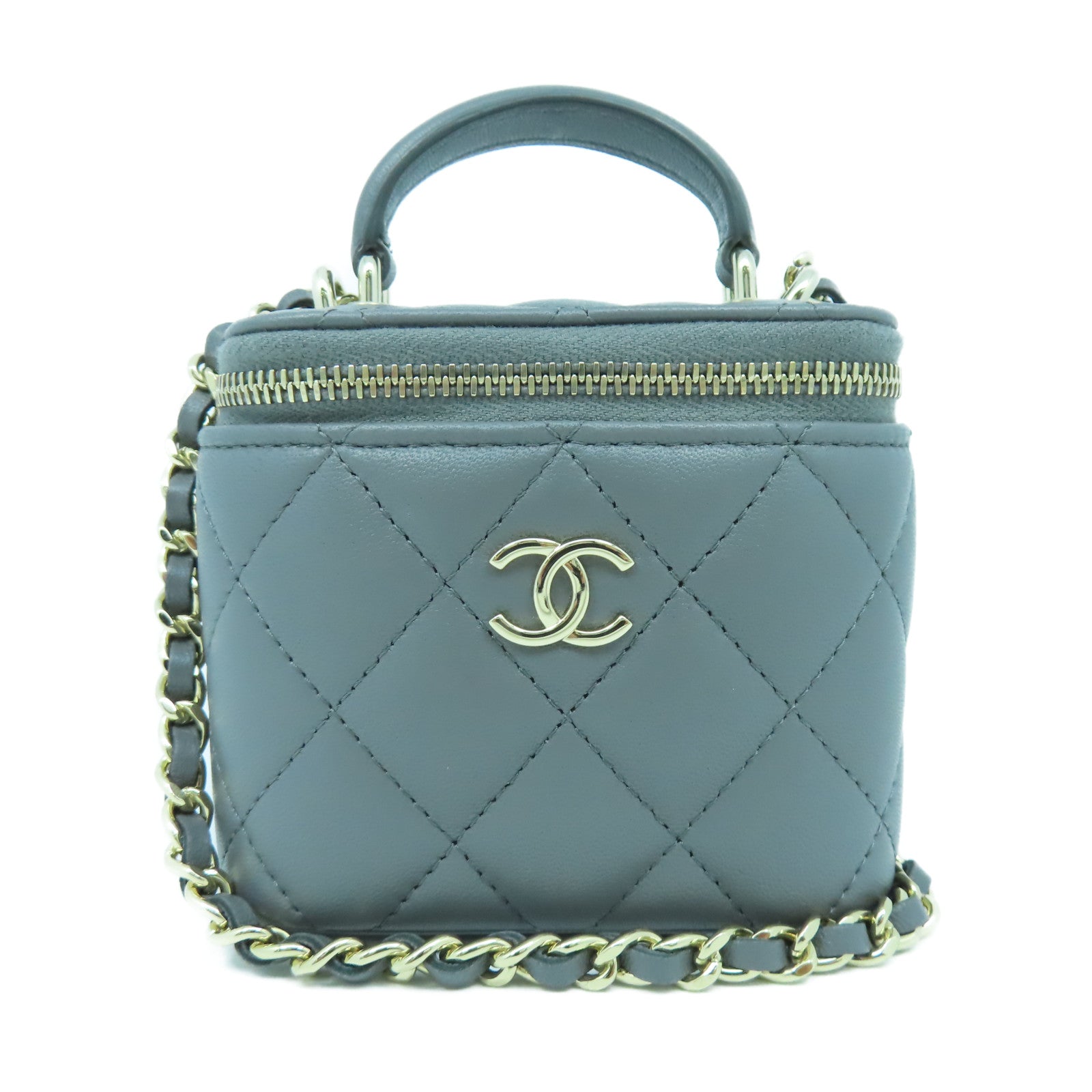 CHANEL 菱格羊皮皮革Vanity With Chain金扣手挽肩背兩用袋灰色