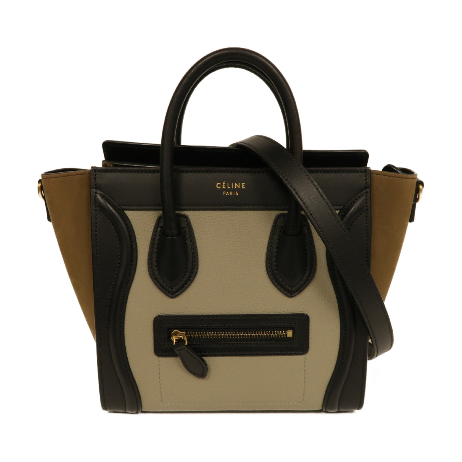 CELINE 牛皮皮革Nano Luggage金扣手挽肩背兩用袋灰色/棕色/黒色