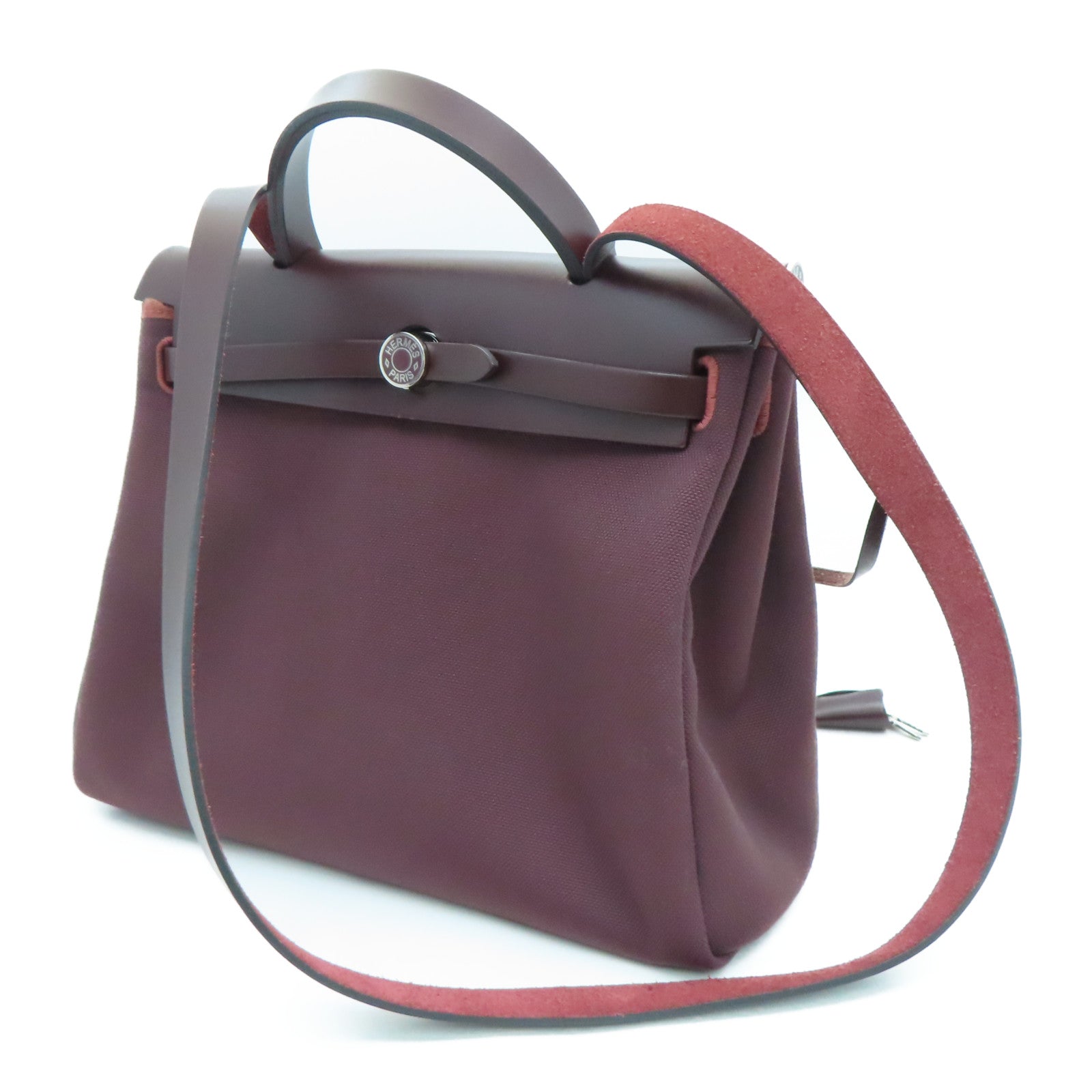 HERMES canvas Herbag 31 silver buckle handle shoulder bag Rouge H/wine red