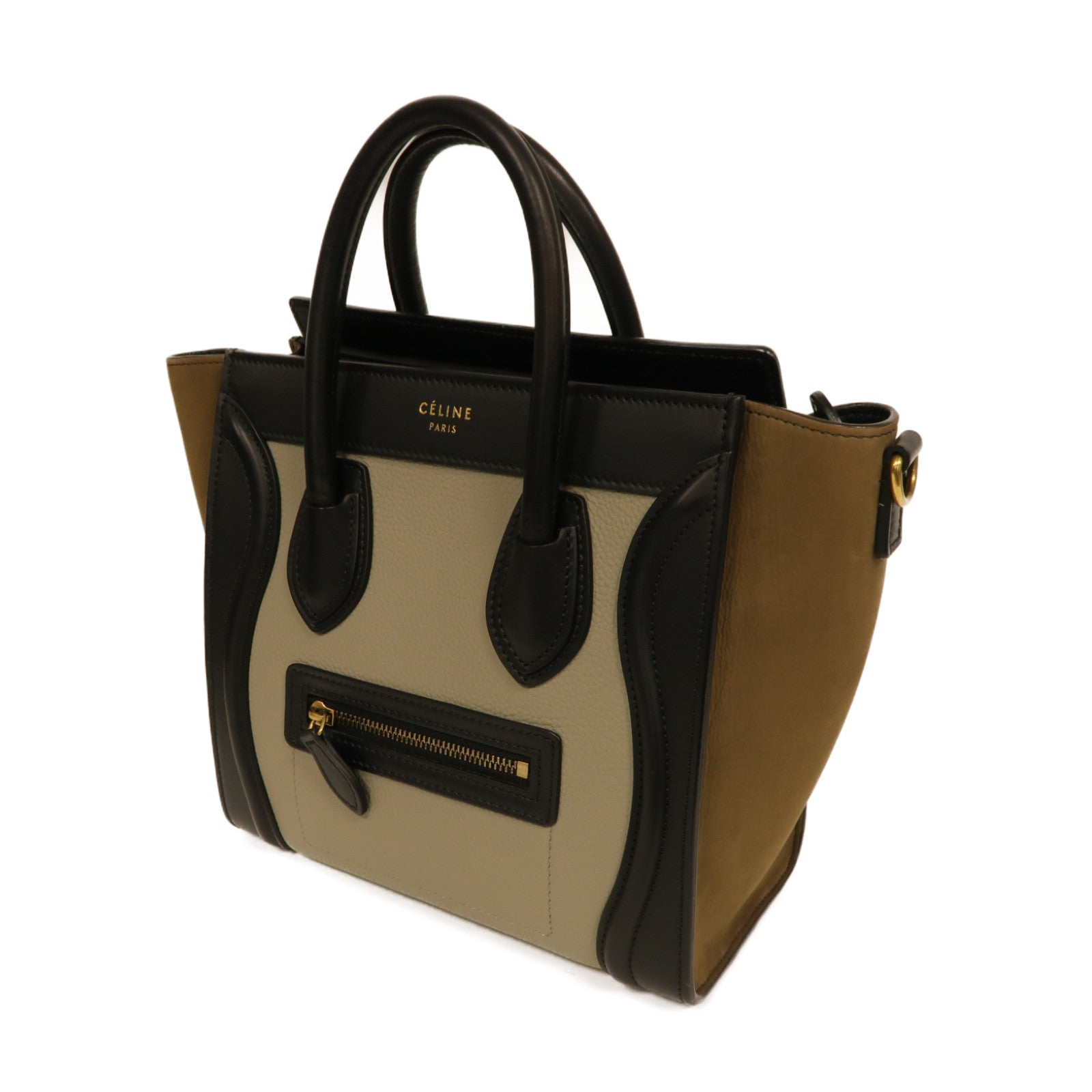 CELINE 牛皮皮革Nano Luggage金扣手挽肩背兩用袋灰色/棕色/黒色