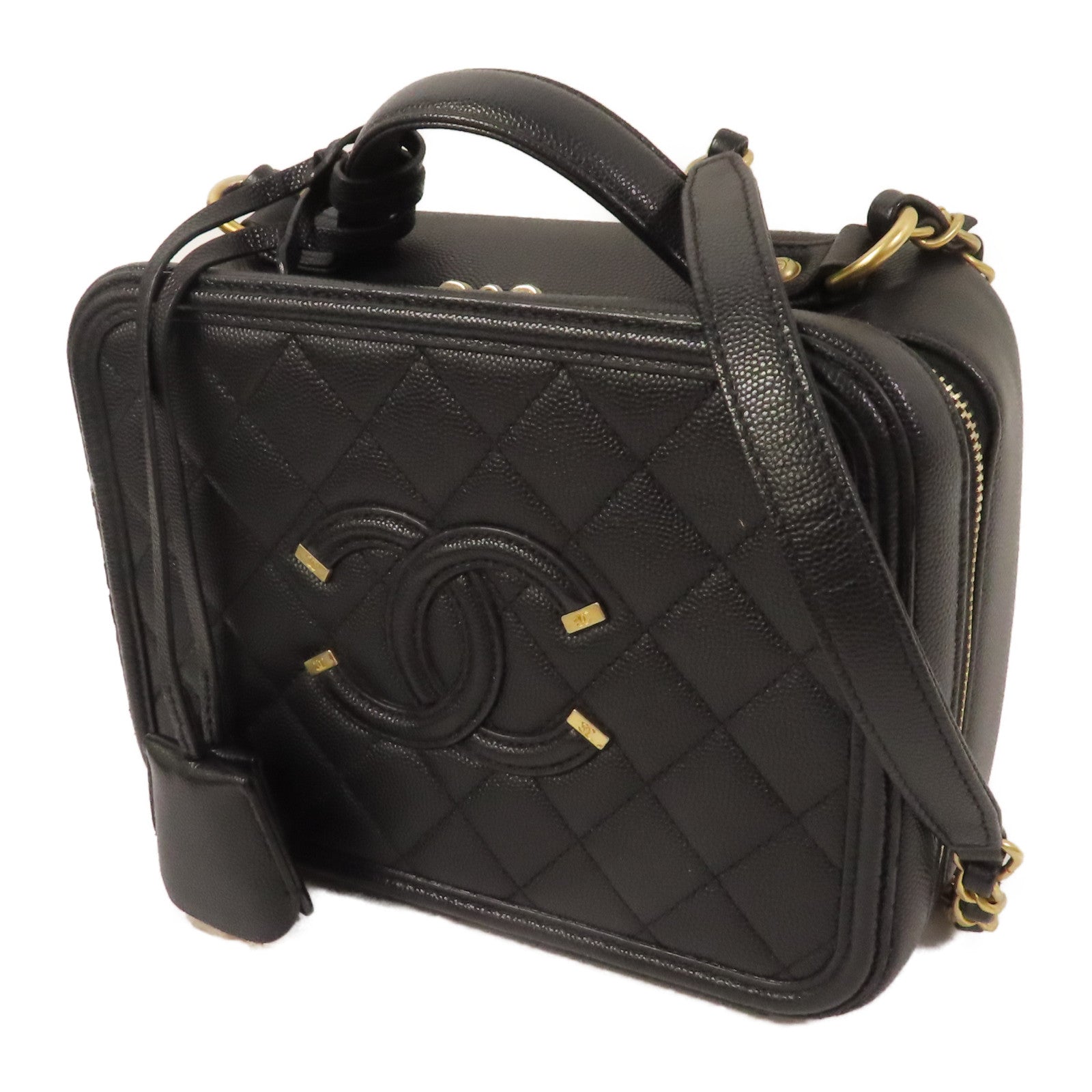 CHANEL 牛皮皮革Vanity Bag金扣鏈帶肩背袋黑色