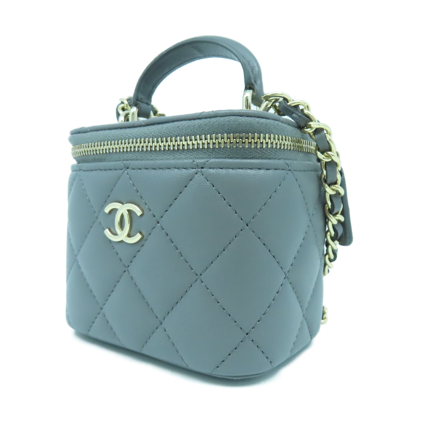 CHANEL 菱格羊皮皮革Vanity With Chain金扣手挽肩背兩用袋灰色