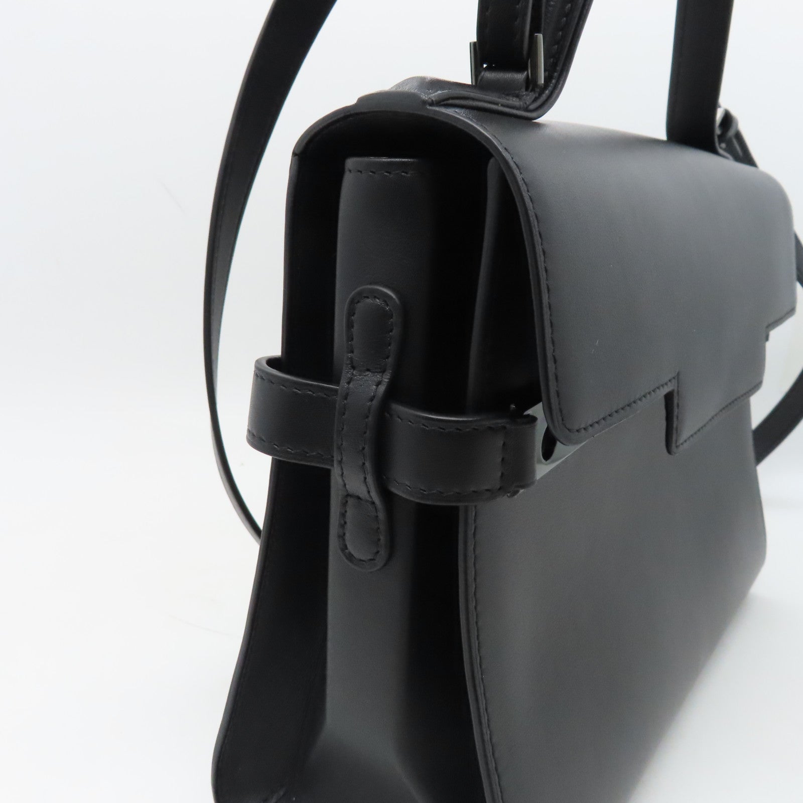 SELECTION Cowhide Leather Tempete MM Handle Shoulder Bag Black