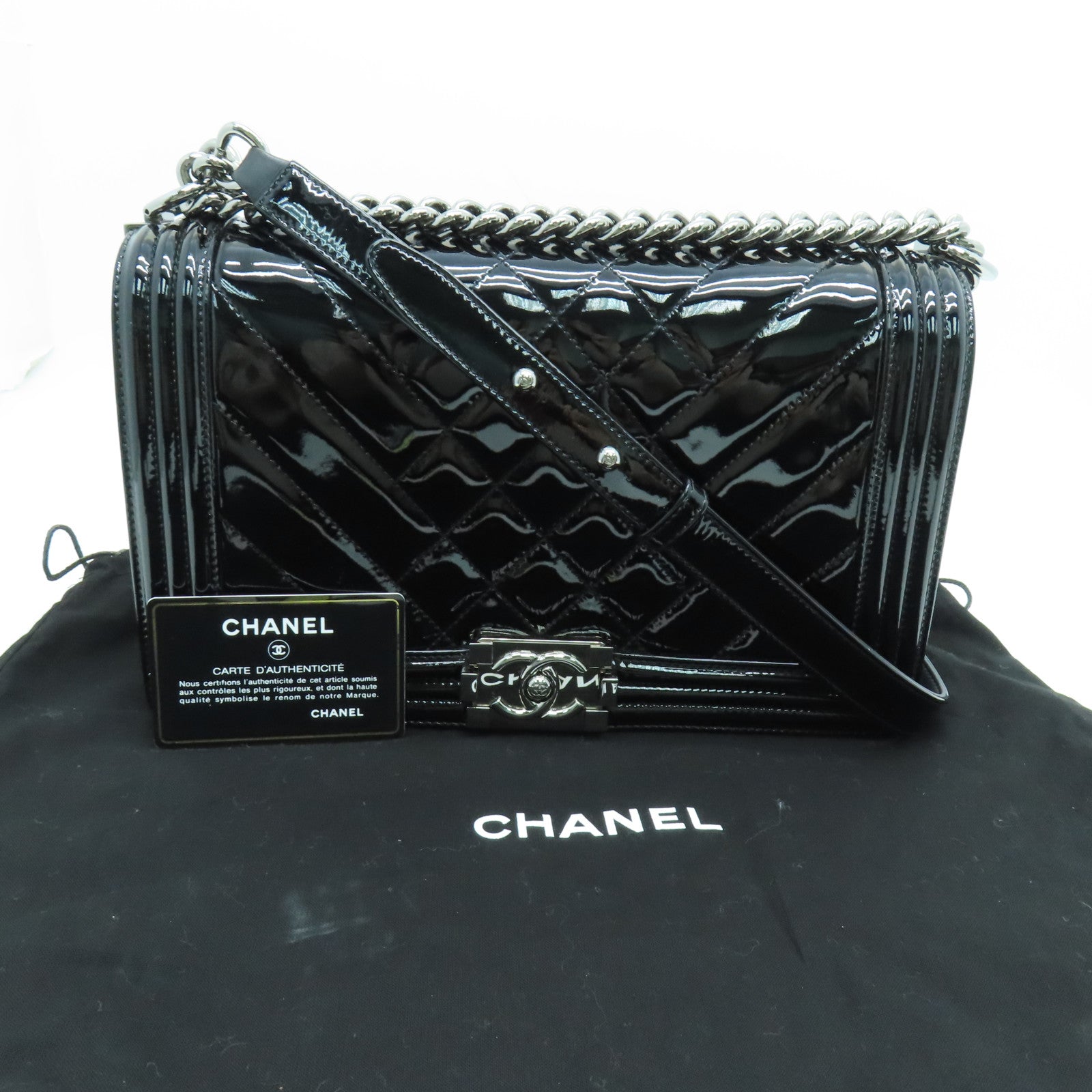 CHANEL 漆皮皮革Chain Shoulder銀扣鏈帶肩背袋黑色