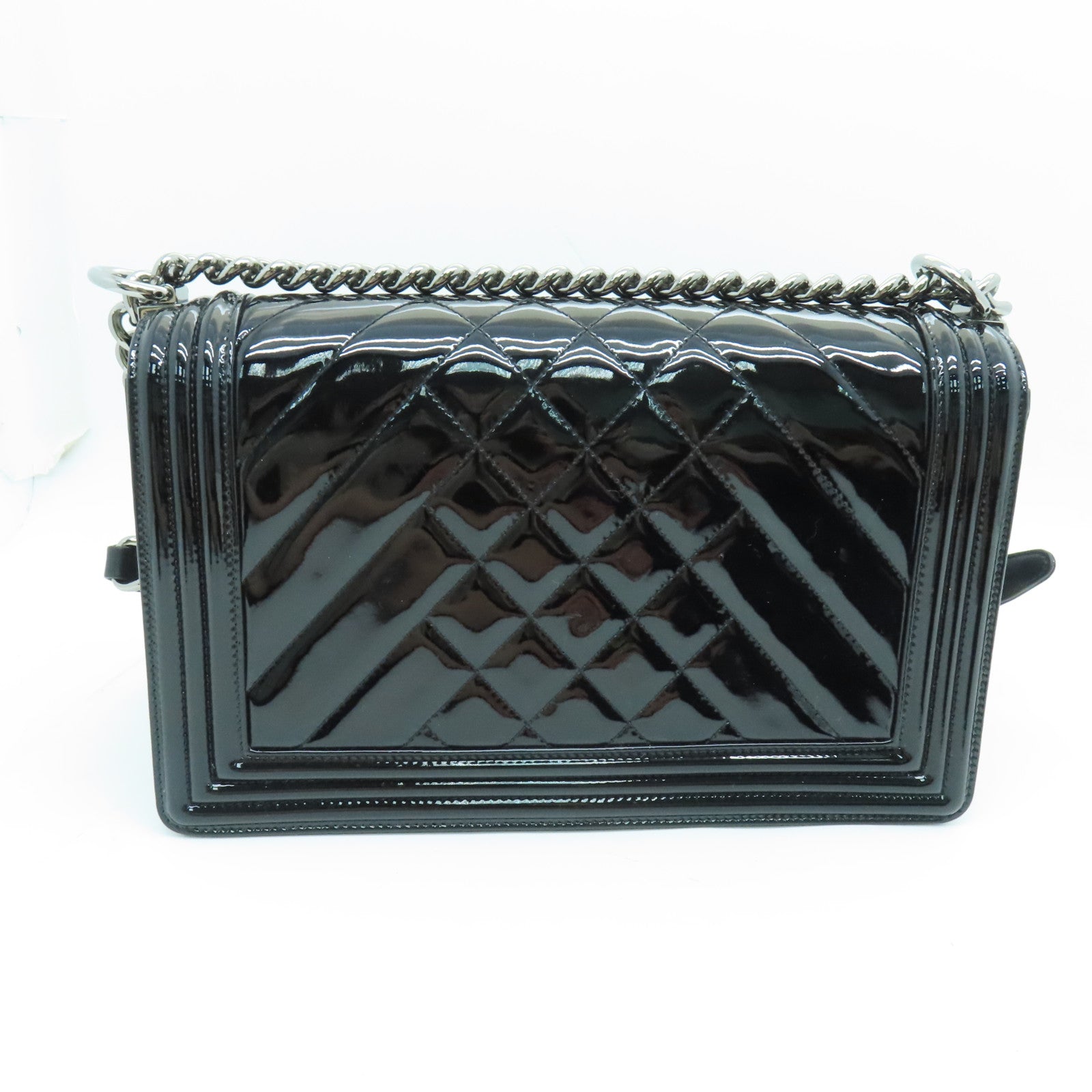 CHANEL 漆皮皮革Chain Shoulder銀扣鏈帶肩背袋黑色