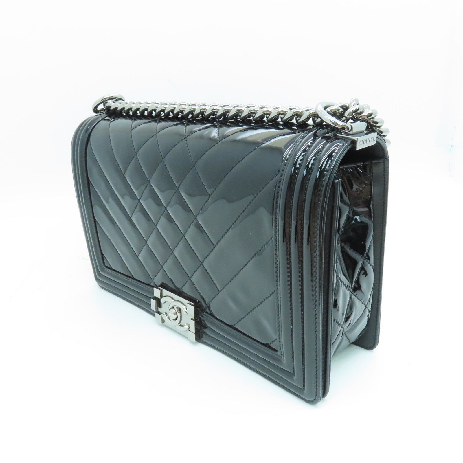 CHANEL 漆皮皮革Chain Shoulder銀扣鏈帶肩背袋黑色