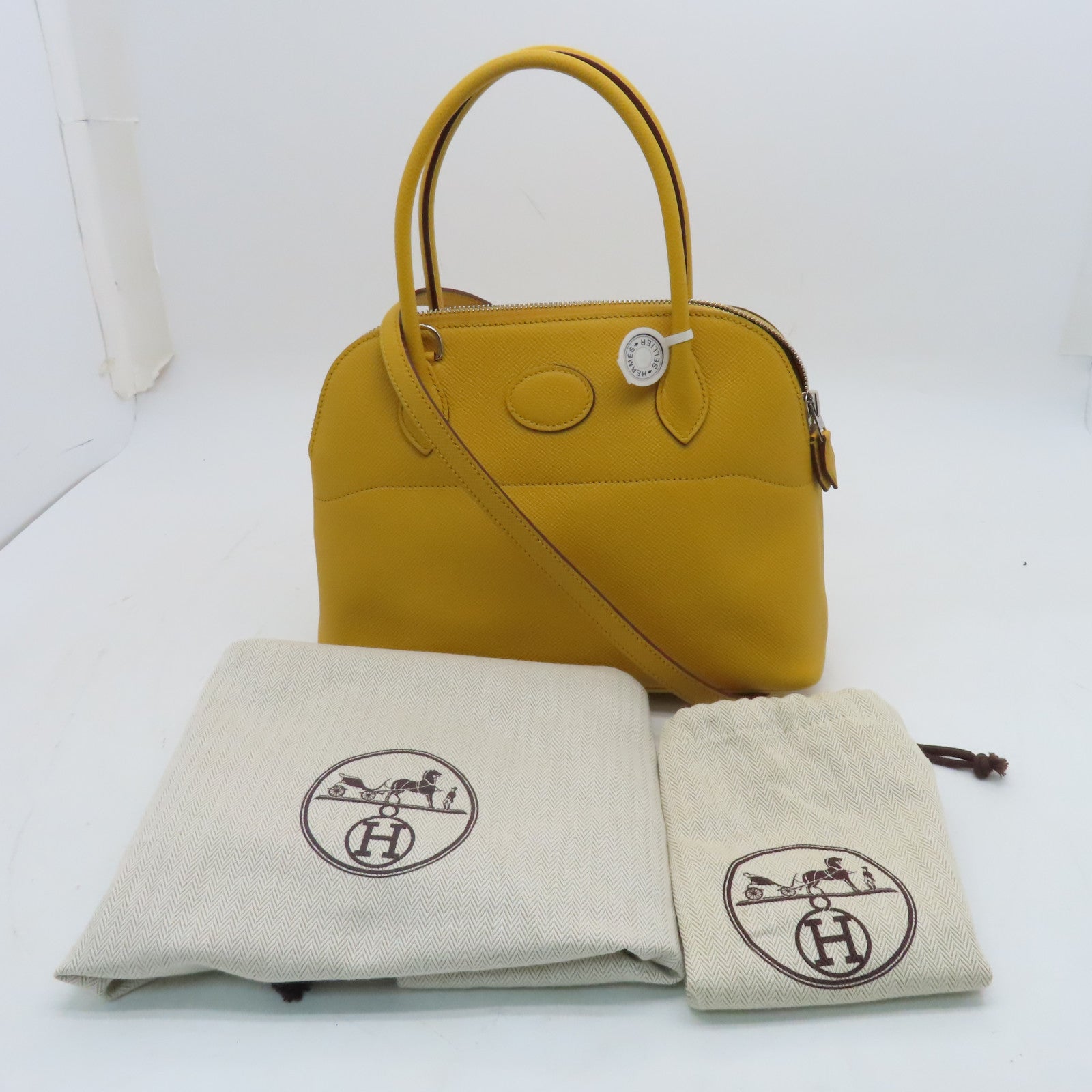 HERMES Veau Epsom Leather Bolide 27 Silver Buckle Handle Bag Yellow